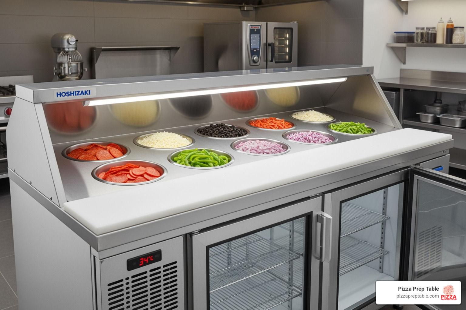 sleek Hoshizaki pizza prep table in a modern commercial kitchen - Pizza prep table for sale sleek Hoshizaki pizza prep table in a modern commercial kitchen - Pizza prep table for sale