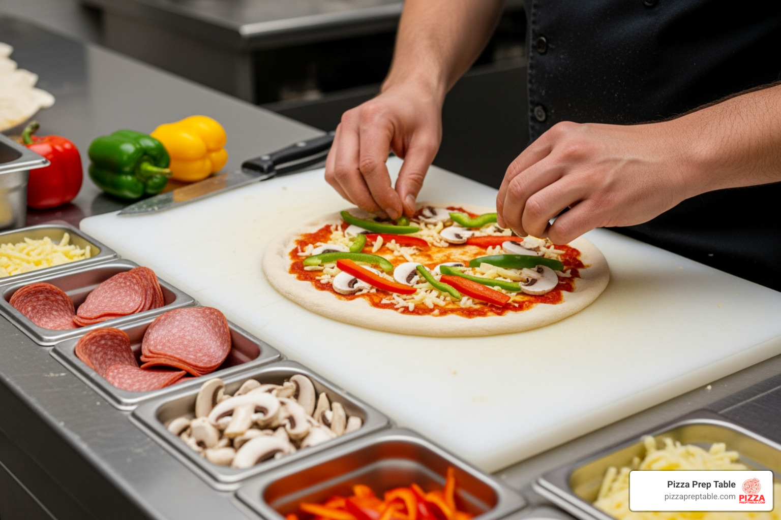 chef preparing pizza on a deep cutting board with fresh ingredients - Pizza prep table for sale chef preparing pizza on a deep cutting board with fresh ingredients - Pizza prep table for sale