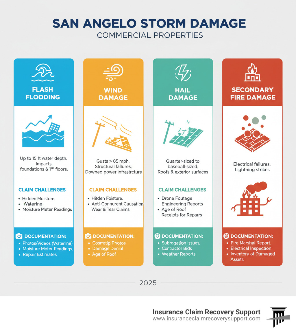 Infographic showing the four primary types of San Angelo storm damage affecting commercial properties: flash flooding with water depths up to 15 feet impacting foundations and first floors, wind damage with gusts exceeding 85 mph causing structural failures and downed power infrastructure, hail damage ranging from quarter-sized to baseball-sized stones damaging roofs and exterior surfaces, and secondary fire damage from electrical failures and lightning strikes, with each damage type accompanied by common insurance claim challenges and documentation requirements - San Angelo storm damage infographic 