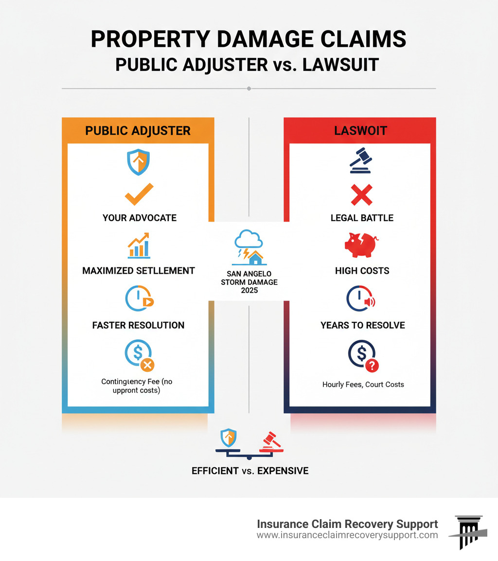Comparison of Public Adjuster vs. Lawsuit for Property Damage Claims - San Angelo storm damage infographic