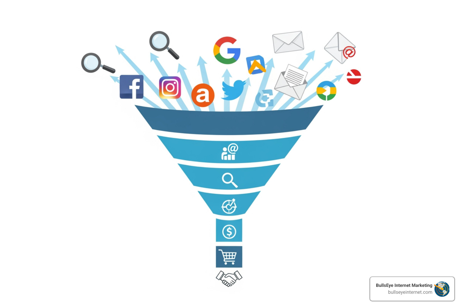Funnel graphic illustrating multi-channel lead generation strategies, featuring social media icons, search engines, and email, representing the pay per lead model for qualified customer acquisition by Bullseye Internet Marketing.