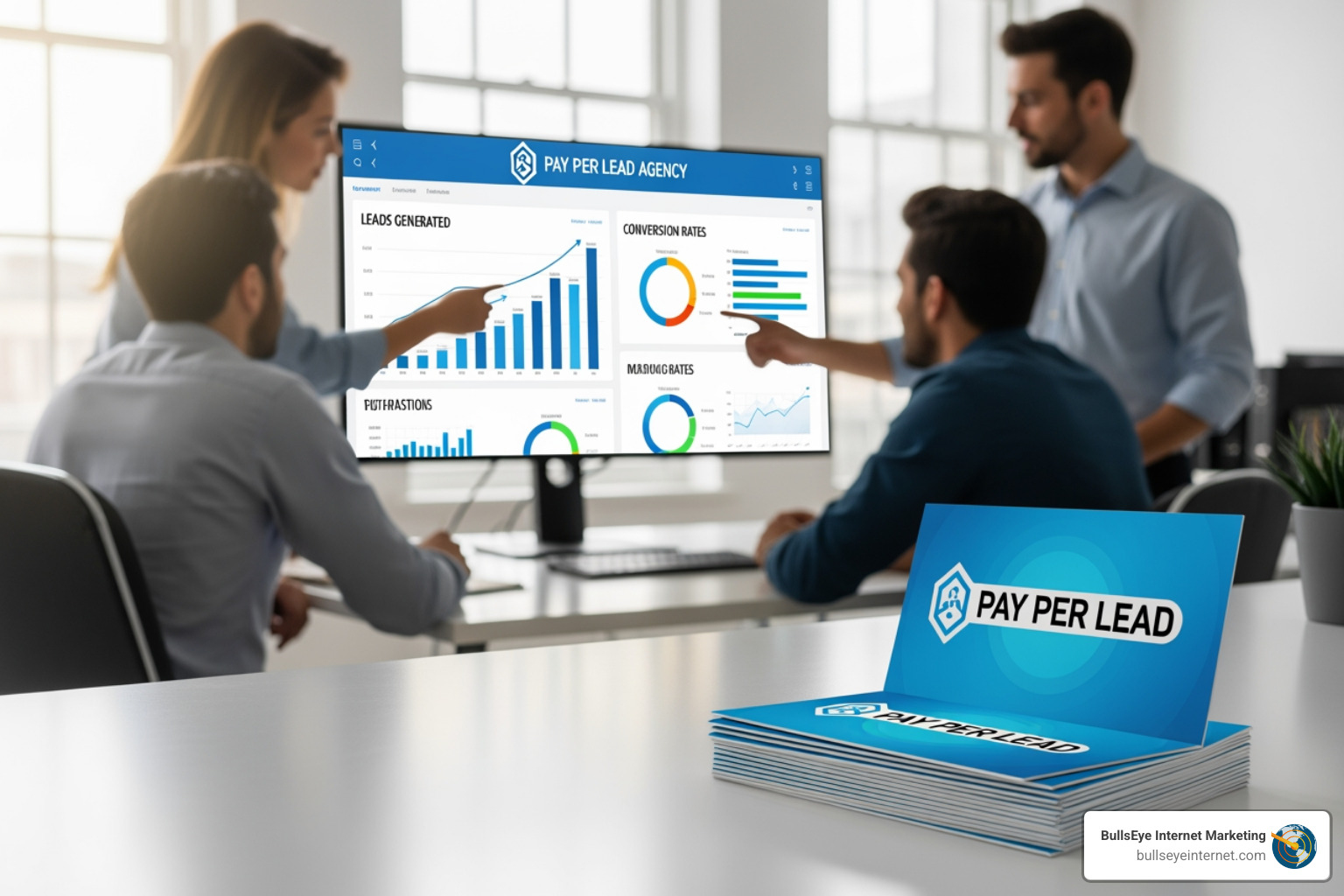 Team discussing performance metrics on a screen labeled "Pay Per Lead Agency," showcasing graphs of leads generated and conversion rates, with promotional materials for pay per lead services in the foreground.