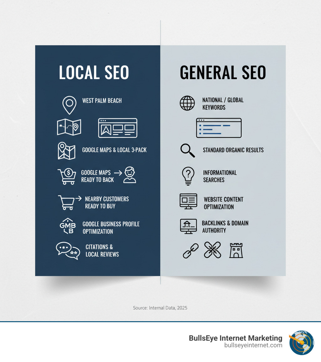 Infographic showing the key differences between Local SEO and General SEO: Local SEO targets specific geographic areas like West Palm Beach, appears in Google Maps and the Local 3-Pack, focuses on nearby customers ready to buy, optimizes Google Business Profile, and includes citations and local reviews. General SEO targets broader national or global keywords, appears in standard organic search results, focuses on informational searches, optimizes website content primarily, and includes backlinks and domain authority. - local seo services west palm beach infographic 