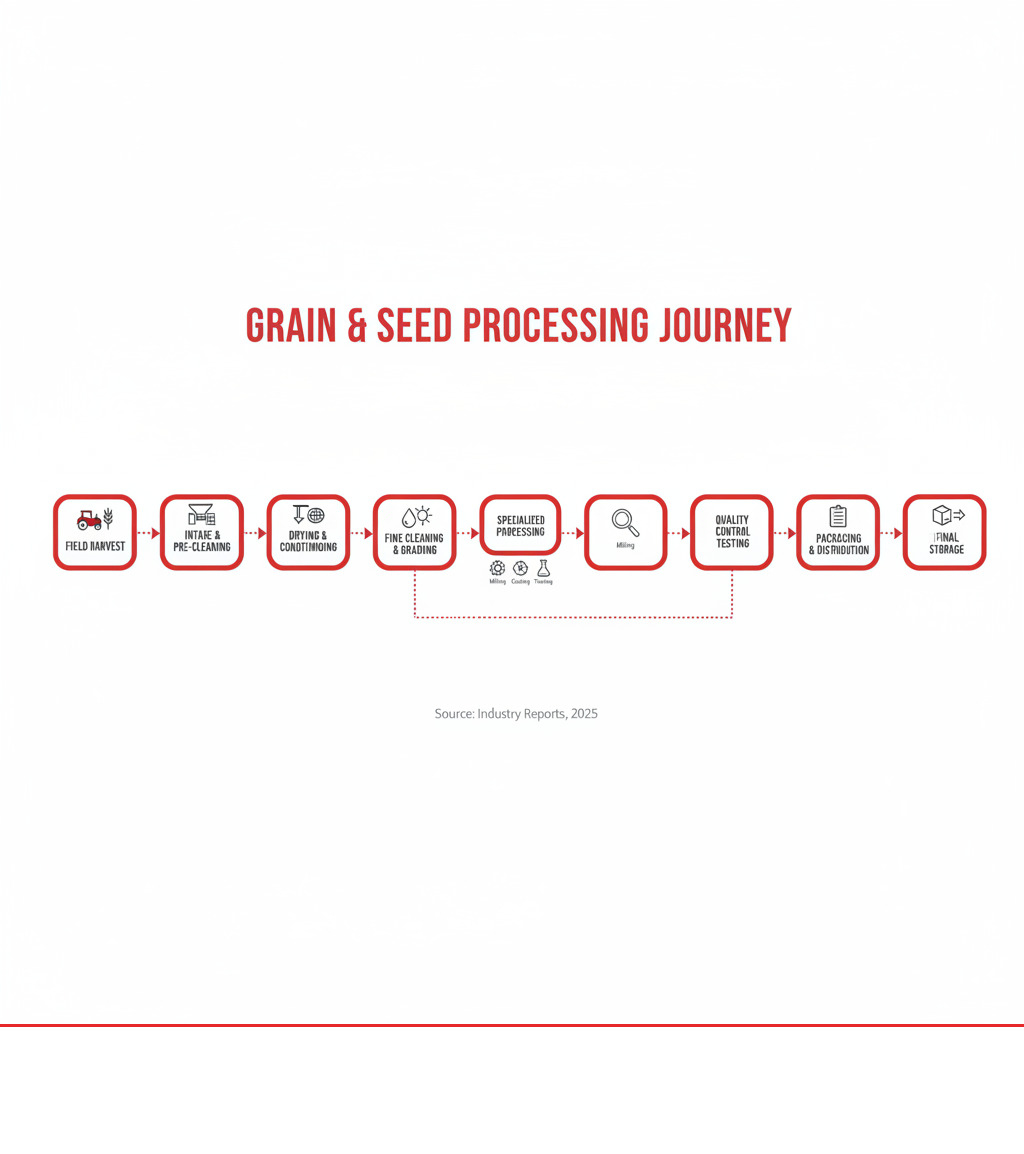 Infographic showing the grain and seed processing journey from field harvest through intake and pre-cleaning, drying and conditioning, fine cleaning and grading, specialized processing (milling, coating, treating), quality control testing, and final storage or packaging for distribution - grain and seed processing infographic 