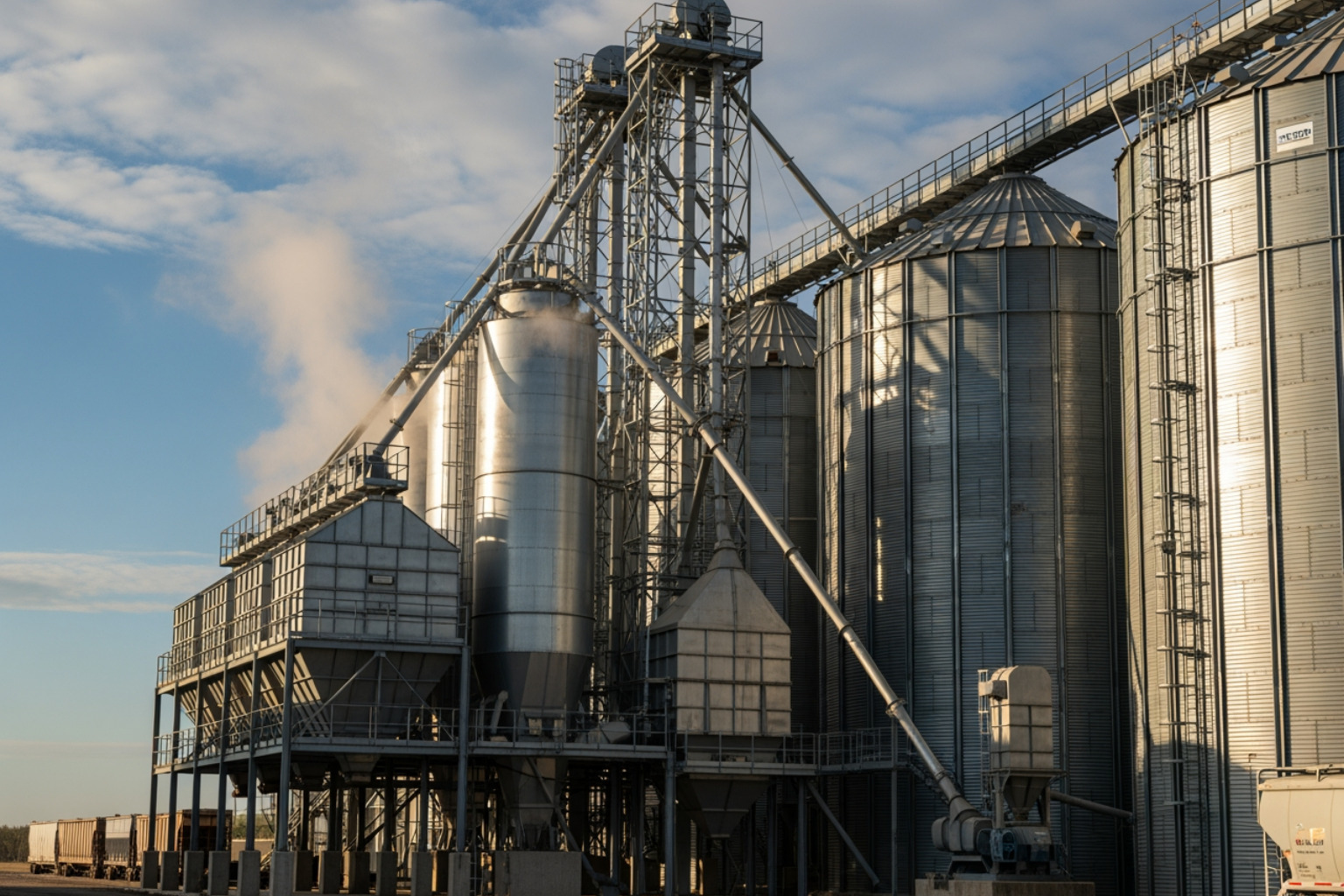 A large-scale industrial grain dryer with towering silos in the background, showing steam rising from the dryer - grain and seed processing