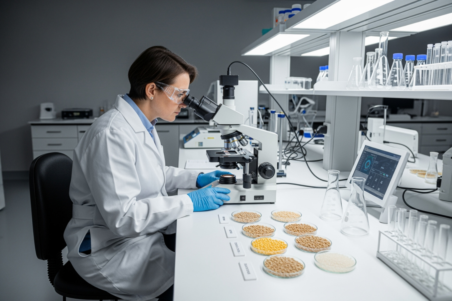 A quality control lab technician in a clean, modern facility meticulously inspecting grain samples under a microscope - grain and seed processing