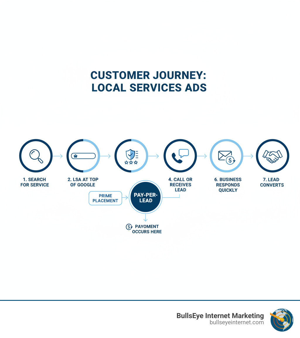 Infographic showing the customer journey with Google Local Services Ads: Customer searches for local service → LSA appears at top of Google → Customer sees trust badge and reviews → Customer calls or messages directly → Business receives lead notification → Business responds quickly → Lead converts to paying customer. Payment only occurs at the lead contact stage. - google local services ads infographic Customer journey infographic illustrating the process of Google Local Services Ads, highlighting key steps: searching for service, LSA placement at the top of Google, pay-per-lead model, and lead conversion, branded by Bullseye Internet Marketing.
