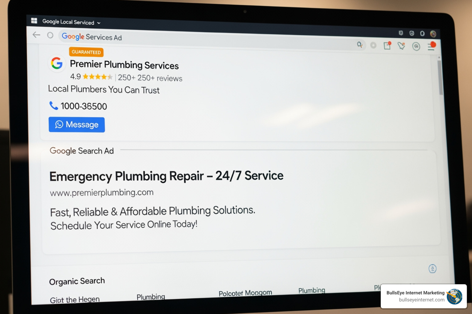 Visual comparison of a Google Local Services Ad and a traditional Google Search Ad in search results - google local services ads Premier Plumbing Services Google Local Services Ad on a laptop screen, featuring contact information, star rating, and a call-to-action for emergency plumbing repair services.