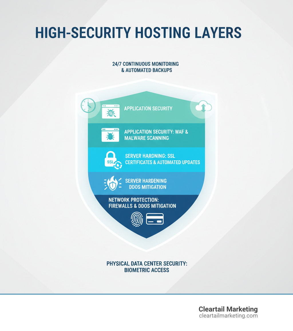 INFOGRAPHIC SHOWING THE LAYERS OF HIGH-SECURITY HOSTING: PHYSICAL DATA CENTER SECURITY WITH BIOMETRIC ACCESS AT THE FOUNDATION, NETWORK-LEVEL PROTECTION WITH FIREWALLS AND DDOS MITIGATION IN THE MIDDLE LAYER, SERVER HARDENING WITH SSL CERTIFICATES AND AUTOMATED UPDATES ABOVE THAT, APPLICATION-LEVEL SECURITY WITH WAF AND MALWARE SCANNING NEAR THE TOP, AND CONTINUOUS 24/7 MONITORING AND AUTOMATED BACKUPS AS THE PROTECTIVE SHIELD SURROUNDING ALL LAYERS - HIGH-SECURITY HOSTING INFOGRAPHIC 