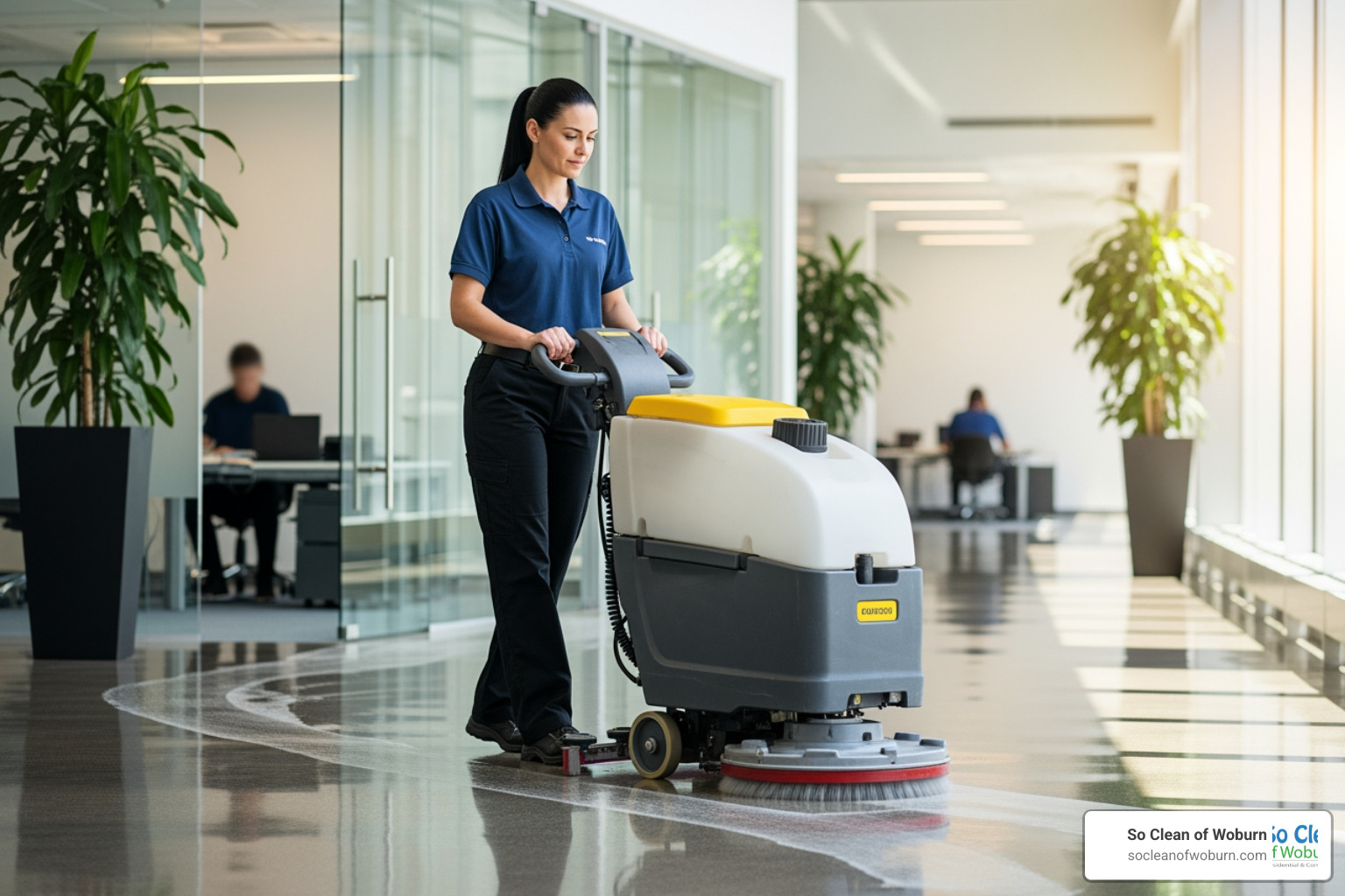 cleaning professional using modern equipment on a commercial floor - commercial cleaning Cambridge MA