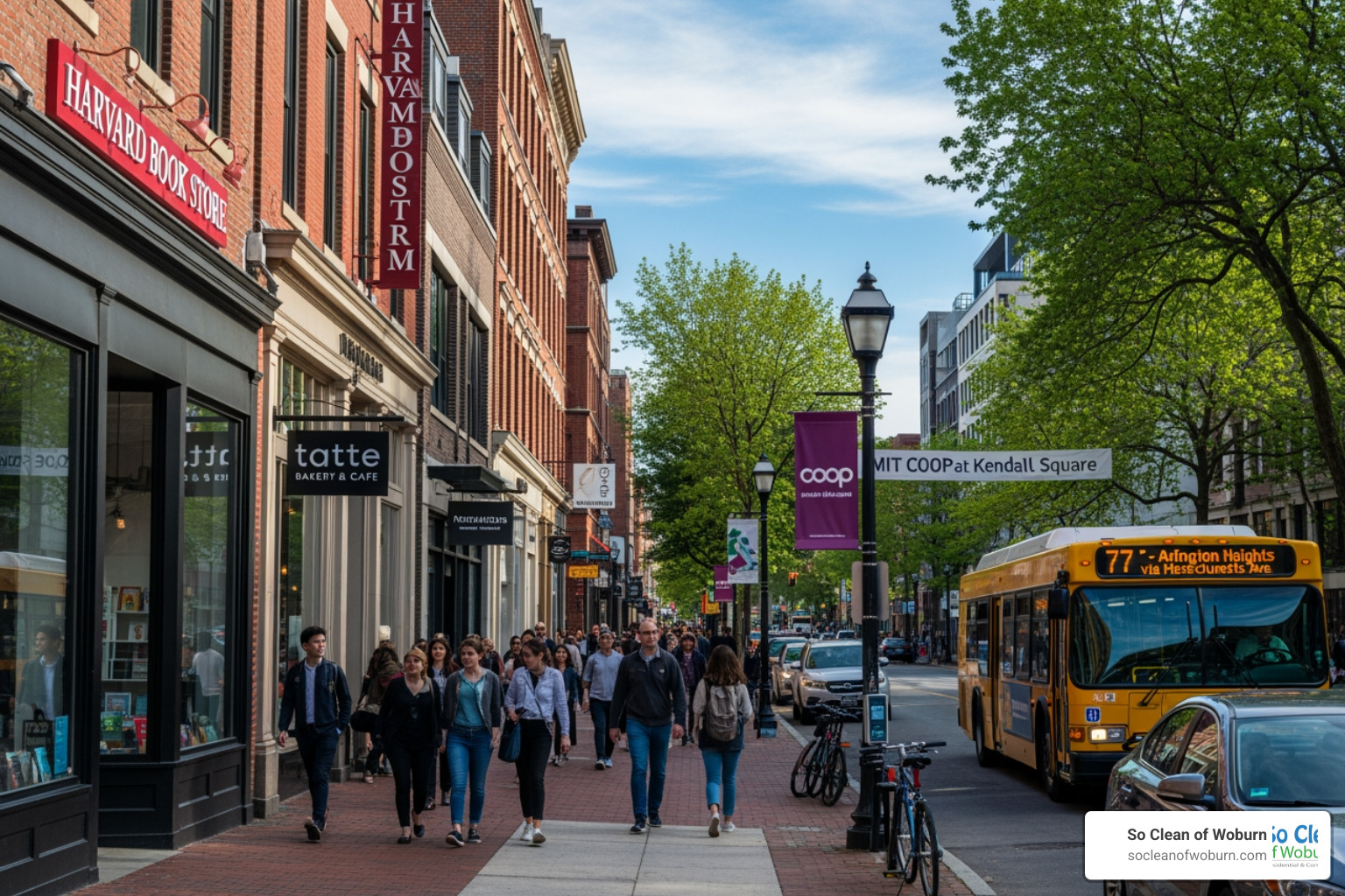 busy street in Cambridge with commercial storefronts - commercial cleaning Cambridge MA