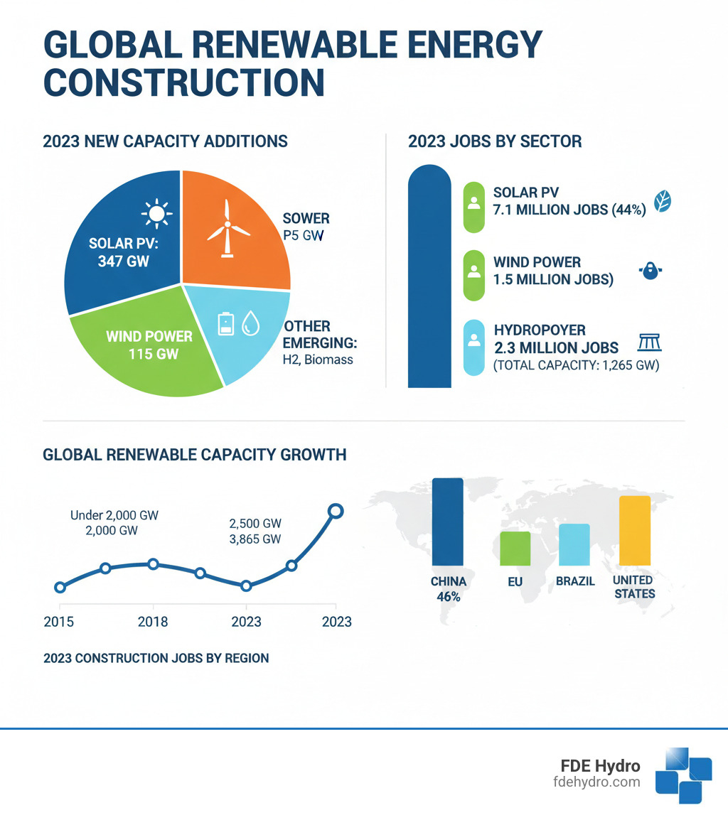 Infographic showing the breakdown of renewable energy construction by type: Solar PV leading with 347 GW added in 2023 (44% of renewable energy jobs), Wind Power at 115 GW added (1.5 million jobs), Hydropower with 1,265 GW total capacity (2.3 million direct jobs), and emerging sectors like Battery Storage, Green Hydrogen, and Biomass facilities. The infographic includes a timeline from 2015 to 2023 showing exponential growth in global renewable capacity from under 2,000 GW to 3,865 GW, with China leading at 46% of global renewable energy construction jobs, followed by the EU, Brazil, and the United States. - renewable energy construction infographic 