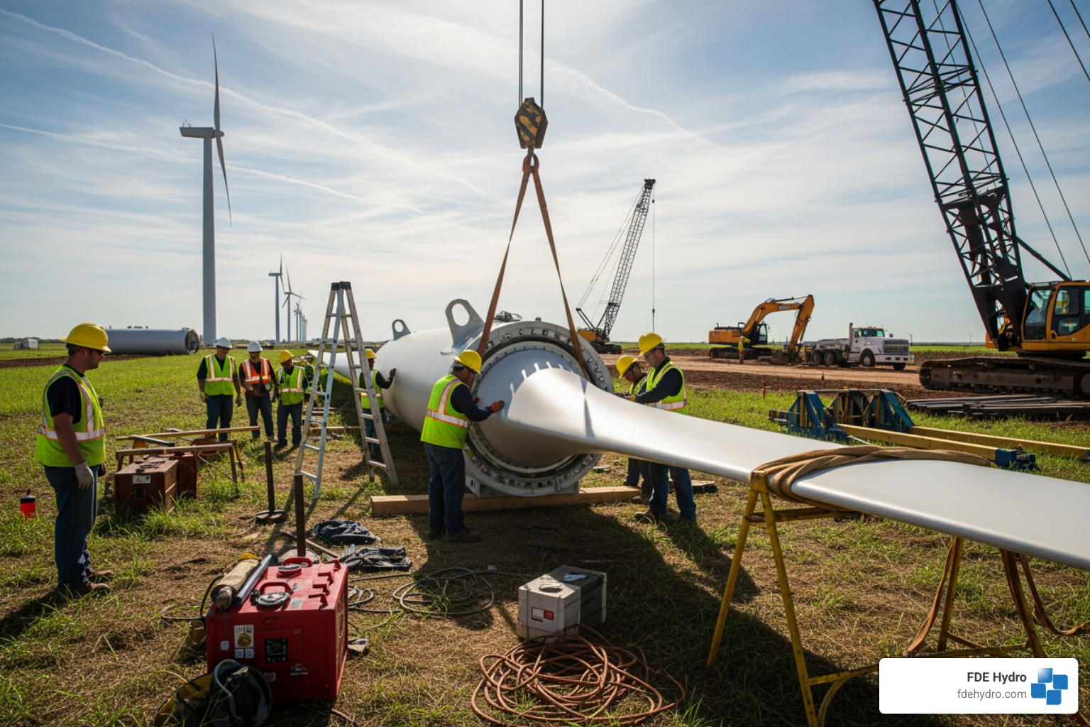 construction workers assembling a wind turbine blade on the ground - renewable energy construction