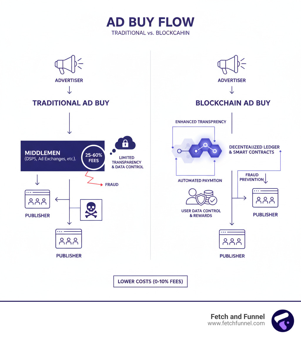 traditional vs blockchain ad buy flow - Blockchain advertising strategy infographic traditional vs blockchain ad buy flow - Blockchain advertising strategy infographic