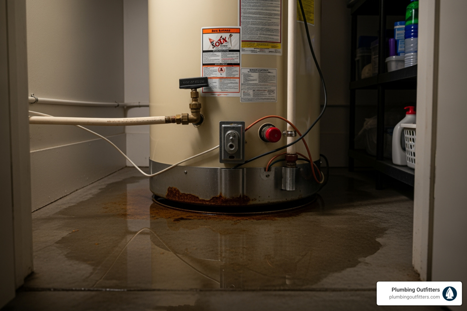 Water pooling around the base of a water heater - Water Heater Repair in Austin, TX Water heater with visible rust and puddle on the floor, indicating potential tank corrosion and leaks, relevant to water heater repair issues in Austin, TX.