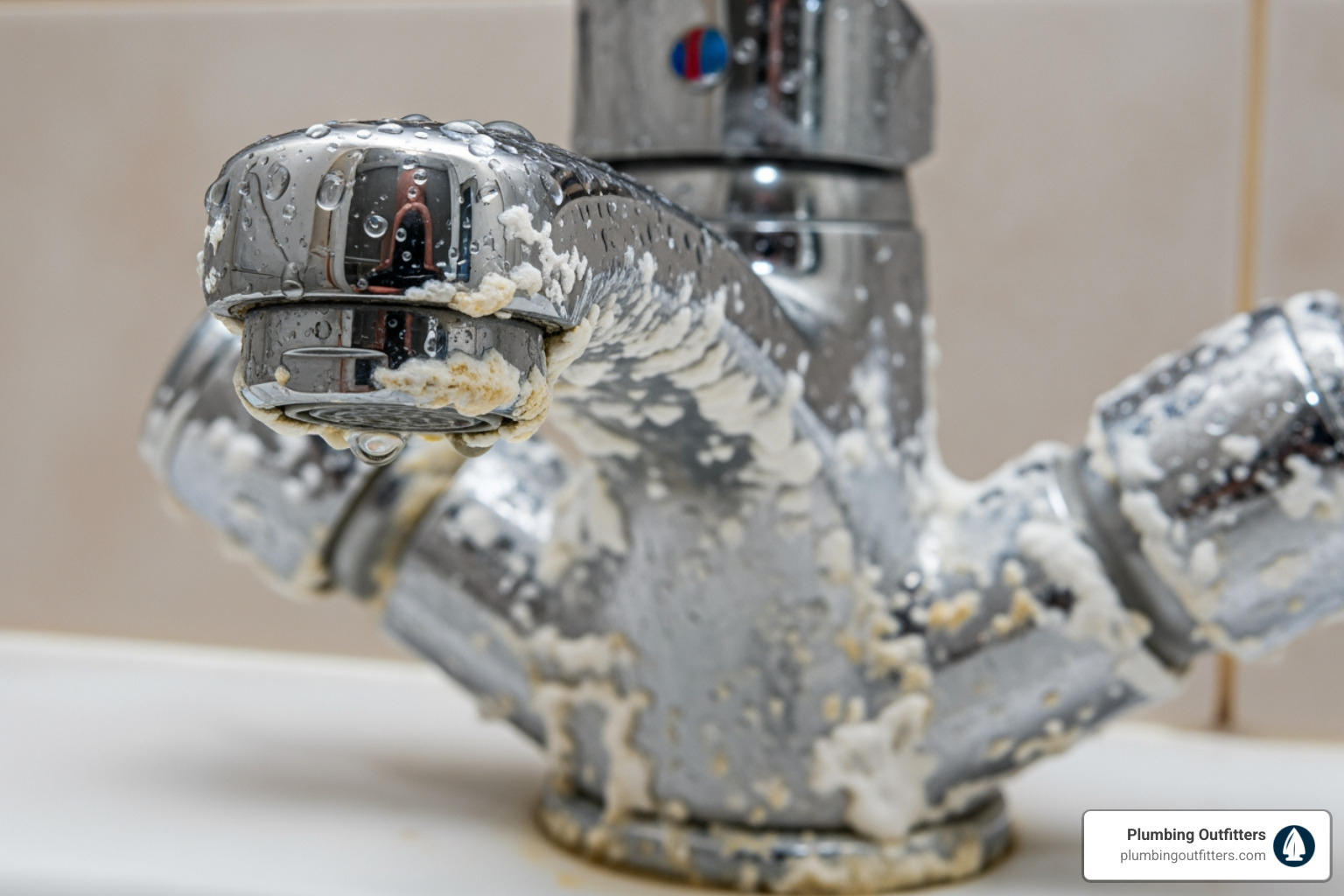 Hard water scale buildup on a faucet - Water Heater Repair in Austin, TX Close-up of a bathroom faucet with hard water buildup and soap residue, illustrating plumbing issues related to Austin's hard water and its effects on water heaters.