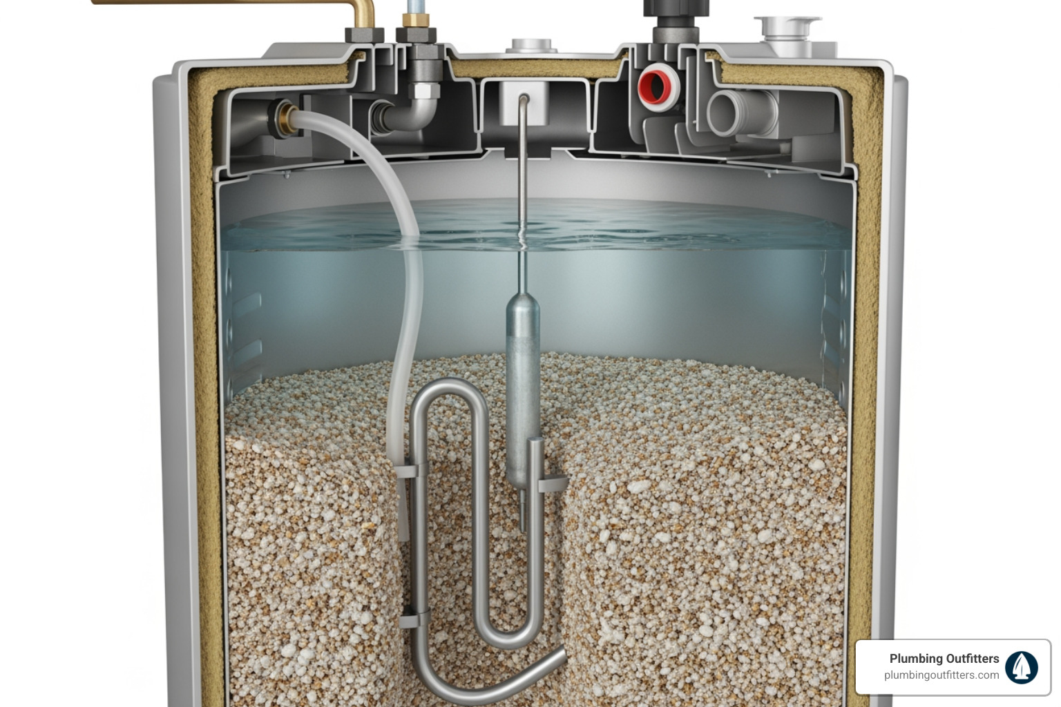 Sediment buildup inside a cutaway of a water heater tank - Water Heater Repair in Austin, TX Cutaway view of a water heater tank showing sediment buildup, thermocouple, dip tube, and gas control valve, illustrating potential issues for homeowners in Austin, TX.