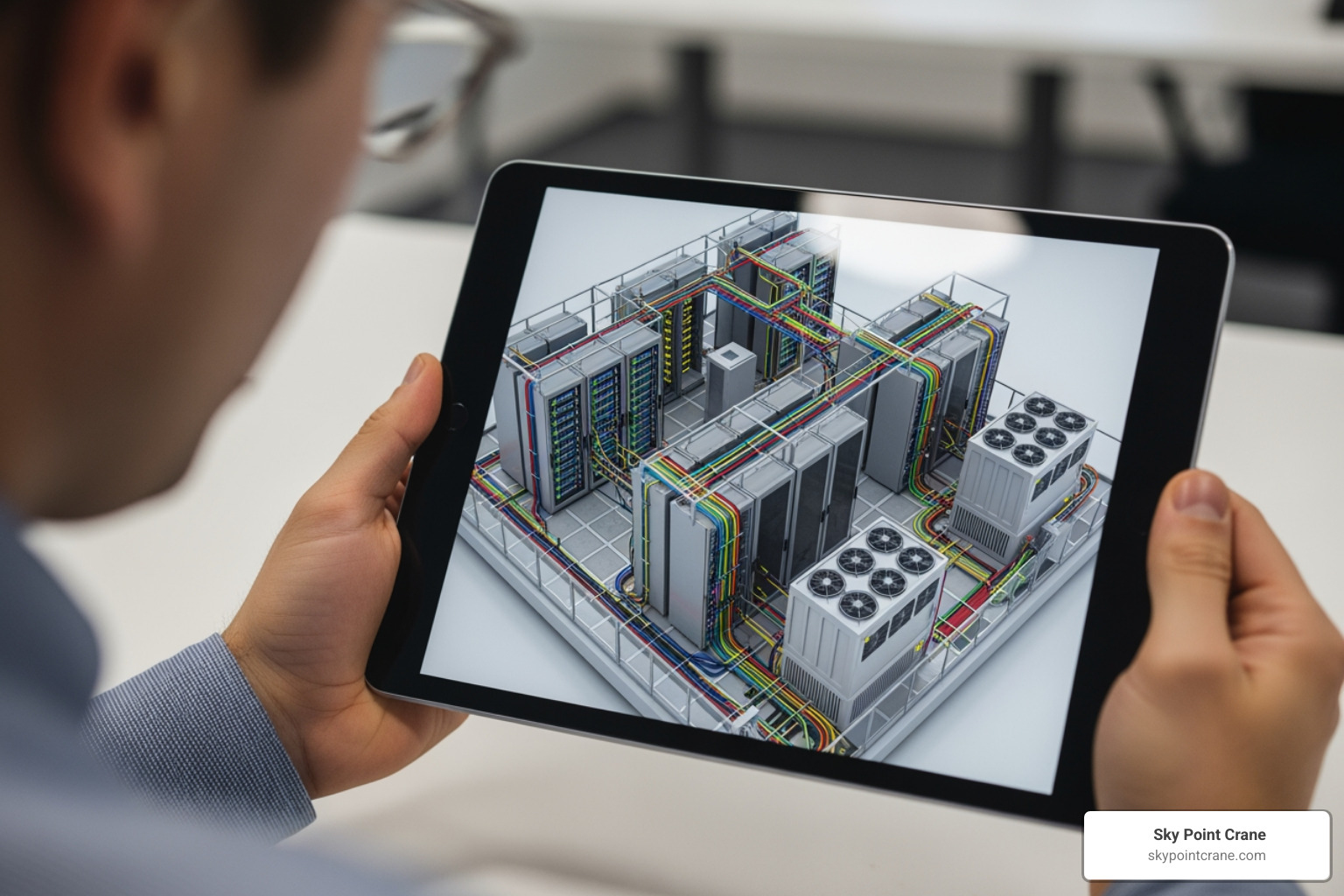 tablet displaying a 3D model of a data center - Data center project management tablet displaying a 3D model of a data center - Data center project management
