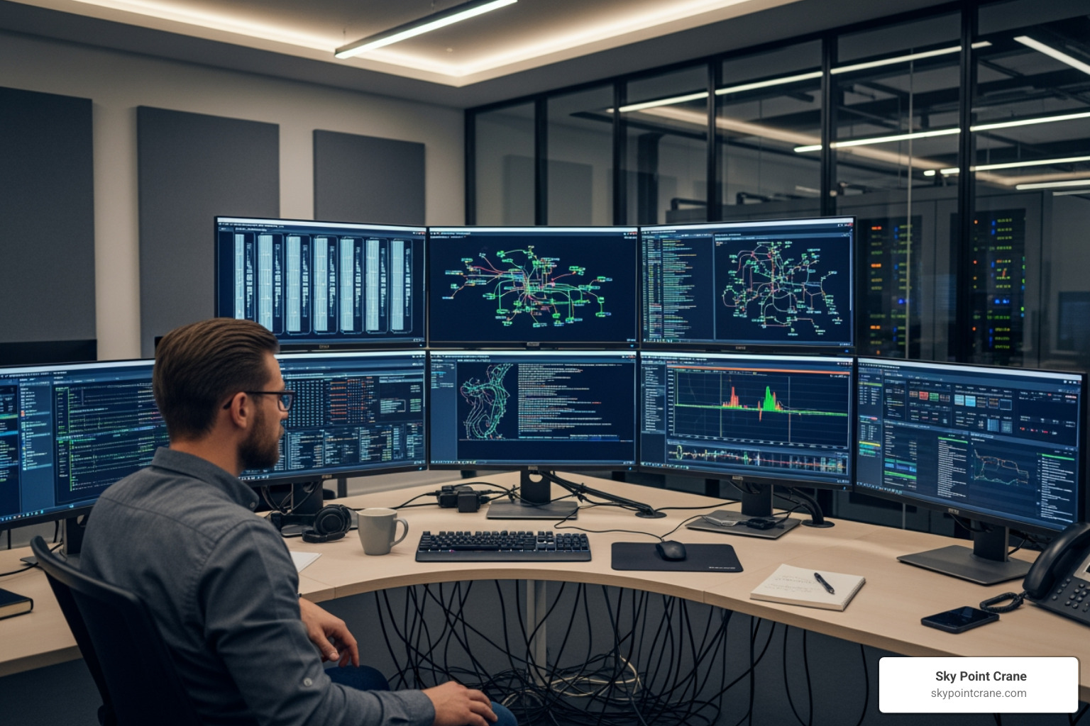 data center manager looking at multiple screens representing 'swivel chair' management - Data center project management data center manager looking at multiple screens representing 'swivel chair' management - Data center project management