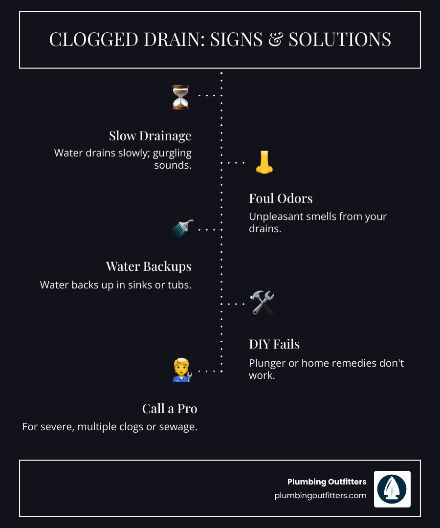 Infographic showing the progression of a clogged drain from early warning signs like slow drainage and gurgling sounds to severe symptoms like standing water, foul odors, and complete blockage, with indicators for when to attempt DIY fixes versus calling a professional plumber - clogged drain repair in rockdale, tx infographic infographic-line-5-steps-dark Infographic showing the progression of a clogged drain from early warning signs like slow drainage and gurgling sounds to severe symptoms like standing water, foul odors, and complete blockage, with indicators for when to attempt DIY fixes versus calling a professional plumber - clogged drain repair in rockdale, tx infographic infographic-line-5-steps-dark