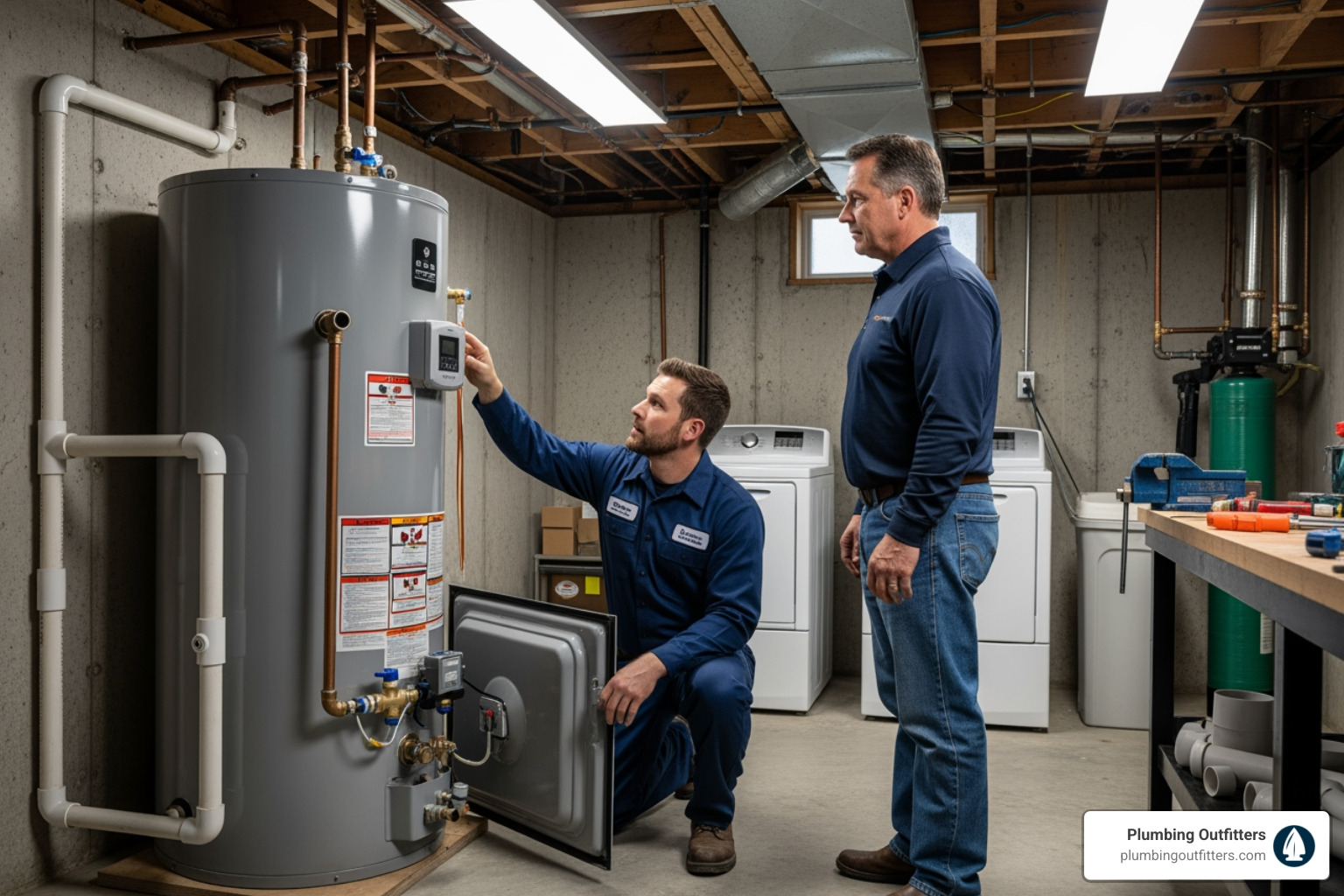 plumber inspecting a water heater with a homeowner - Water Heater Replacement in Austin, TX plumber inspecting a water heater with a homeowner - Water Heater Replacement in Austin, TX