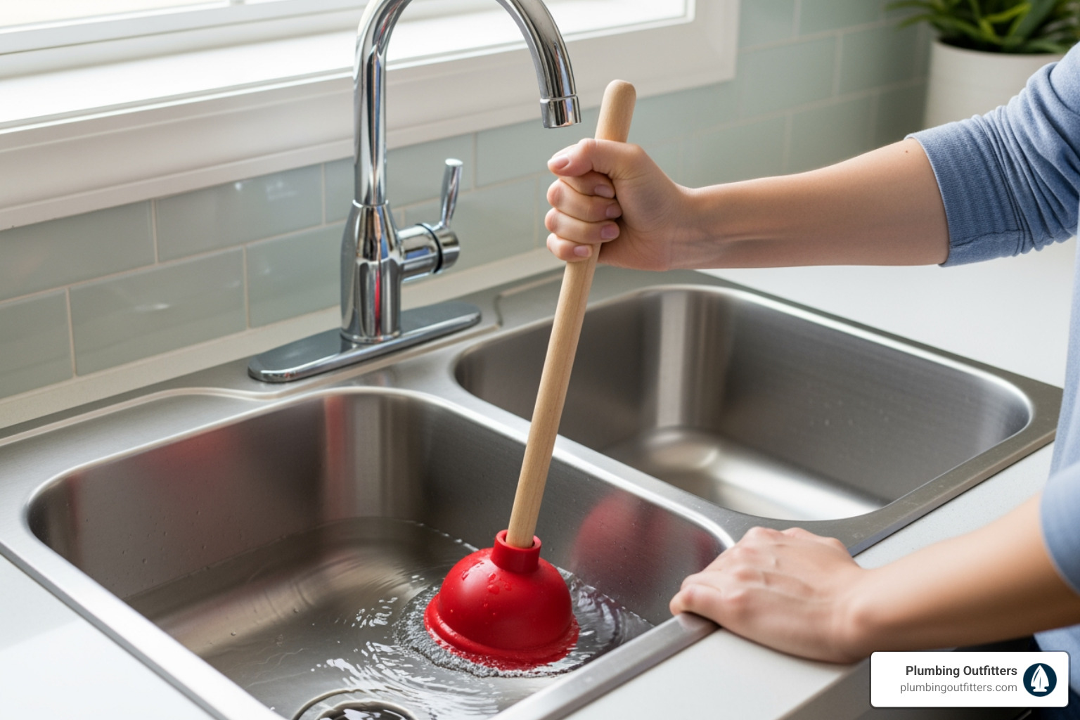 person using a plunger on a kitchen sink to clear a clog - clogged drain repair in rockdale, tx person using a plunger on a kitchen sink to clear a clog - clogged drain repair in rockdale, tx