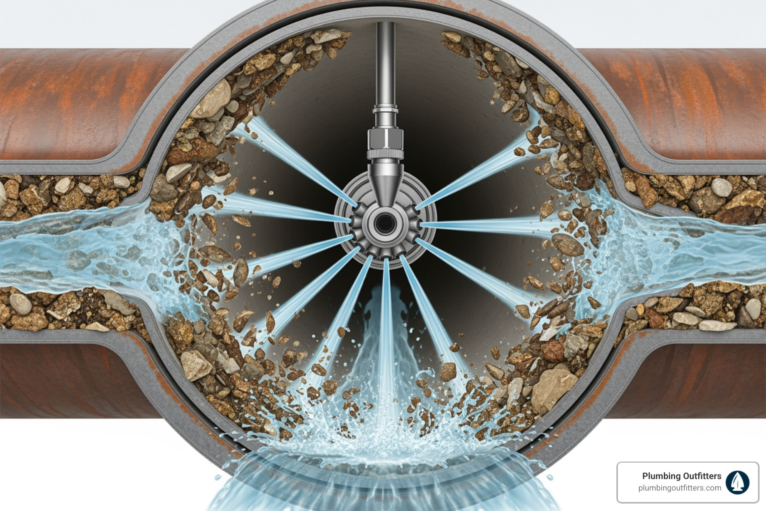 diagram illustrating how hydro-jetting uses high-pressure water to clean the interior of a clogged pipe, showing debris being flushed away - clogged drain repair in rockdale, tx diagram illustrating how hydro-jetting uses high-pressure water to clean the interior of a clogged pipe, showing debris being flushed away - clogged drain repair in rockdale, tx