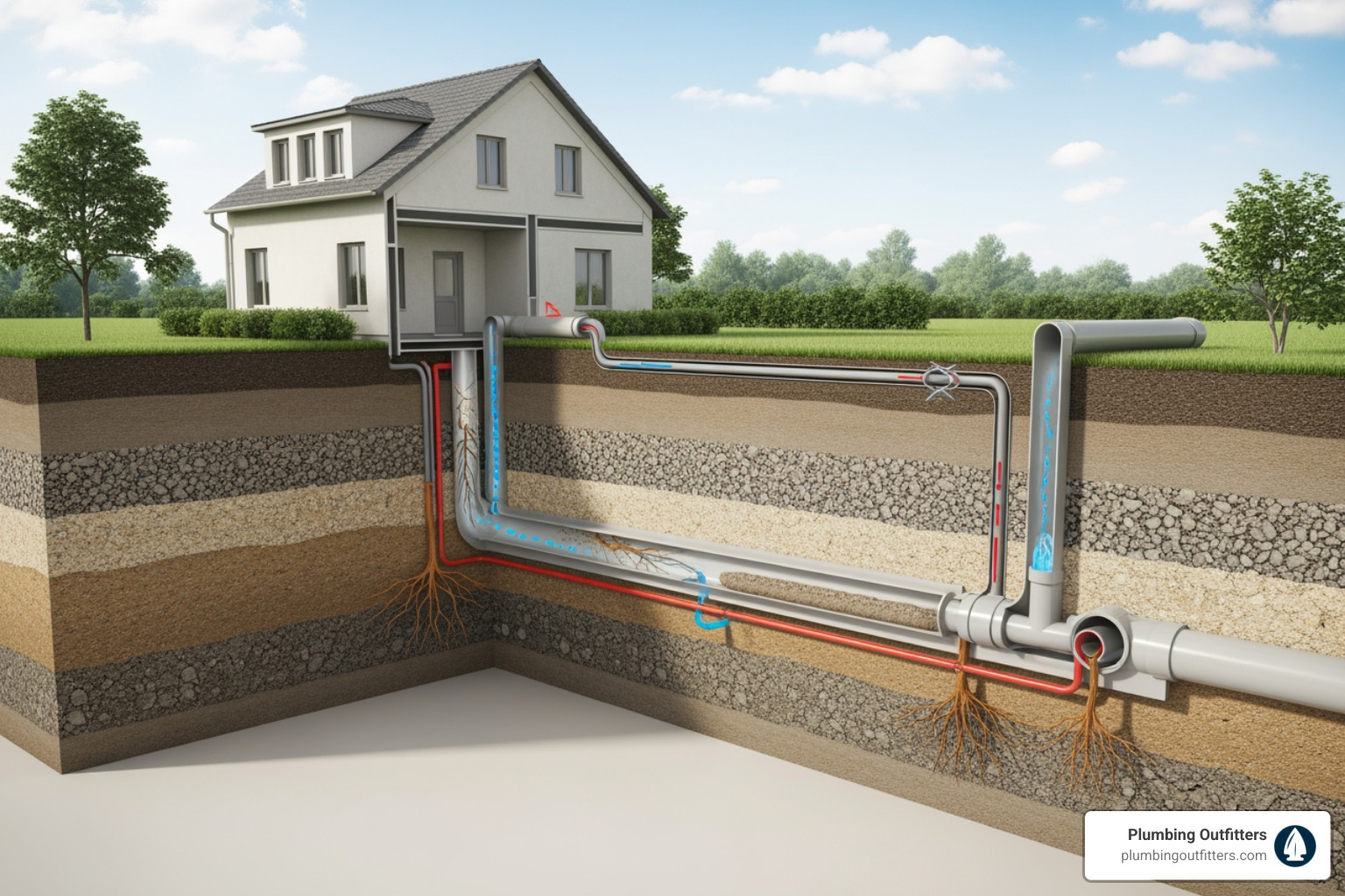 Infographic showing the path of wastewater from home drains through pipes to the main sewer line, with common problem areas highlighted including trap clogs, pipe buildup, tree root intrusion points, and connection to municipal sewer system - drain cleaning repair in cedar park, tx Infographic showing the path of wastewater from home drains through pipes to the main sewer line, with common problem areas highlighted including trap clogs, pipe buildup, tree root intrusion points, and connection to municipal sewer system - drain cleaning repair in cedar park, tx
