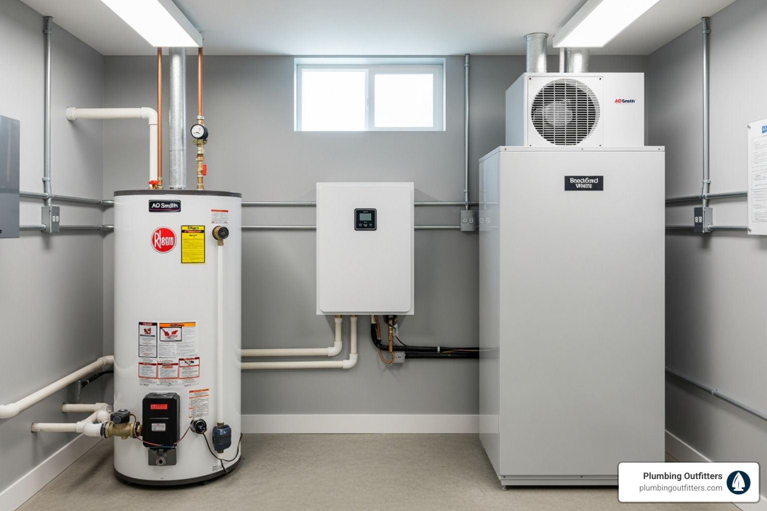 three types of water heaters side-by-side: tank, tankless, and heat pump - Water Heater Installation in Austin, TX three types of water heaters side-by-side: tank, tankless, and heat pump - Water Heater Installation in Austin, TX