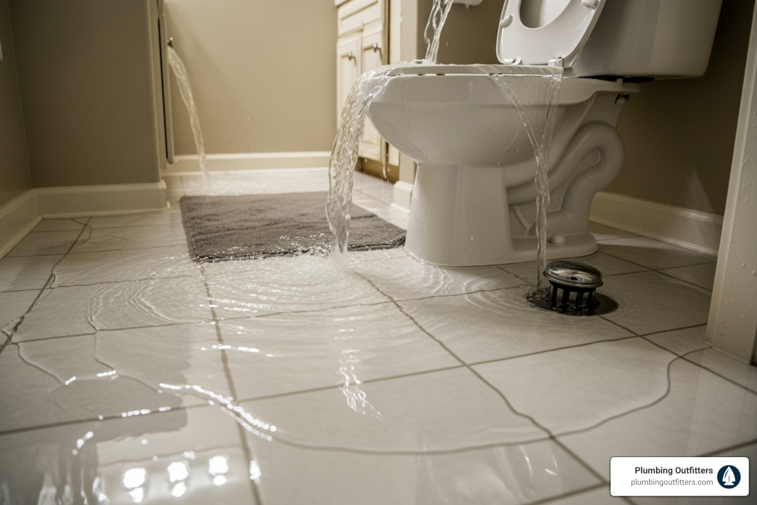 Water overflowing from a toilet or floor drain - drain cleaning fix in bastrop, tx Overflowing toilet with water pooling on tiled floor, indicating a plumbing emergency related to drain issues in a residential bathroom, featuring Plumbing Outfitters branding.