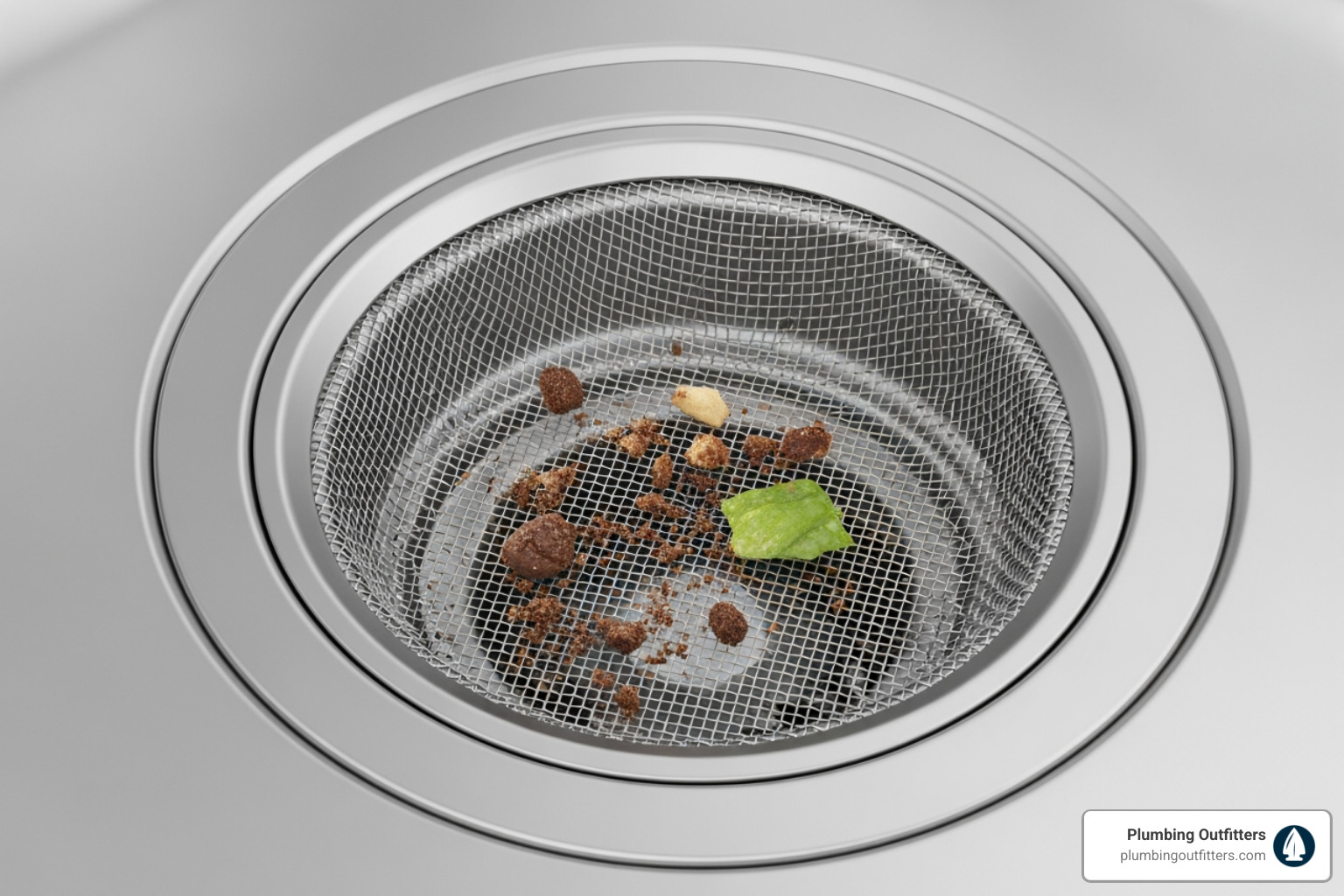 Drain screen in a kitchen sink catching food particles - drain cleaning fix in bastrop, tx Drain screen with food particles and debris, emphasizing prevention of clogs in plumbing systems, relevant to Plumbing Outfitters' drain cleaning services in Bastrop, TX.