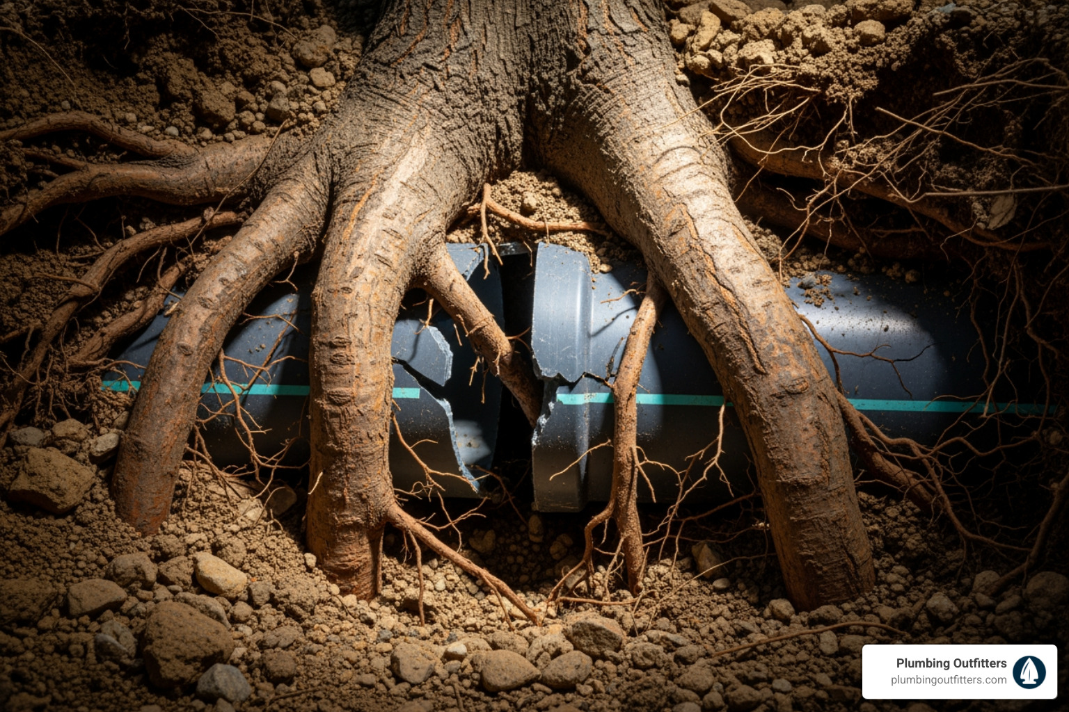 Tree roots growing into a pipe - drain cleaning repair in west lake hills, tx Tree roots damaging a broken drainage pipe buried in soil, illustrating common plumbing issues in West Lake Hills, TX, related to clogs and drainage problems.