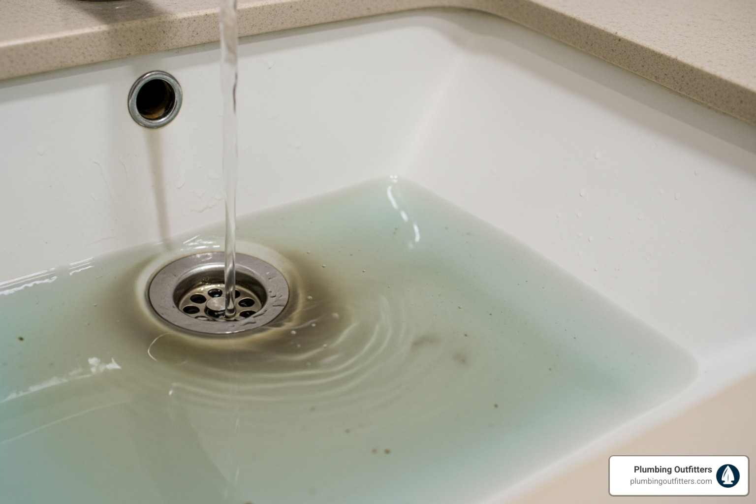 Infographic showing the 5 most common signs you need professional drain cleaning: 1) Water draining slowly from sinks or tubs, 2) Gurgling sounds coming from pipes, 3) Unpleasant sewage odors near drains, 4) The same drain clogging repeatedly, 5) Water backing up in multiple fixtures. Includes simple icons for each warning sign and a note that professional inspection is recommended when you notice any of these symptoms. - drain cleaning fix in bastrop, tx Clogged sink with stagnant water and debris near drain, illustrating the need for professional drain cleaning services in Bastrop by Plumbing Outfitters.
