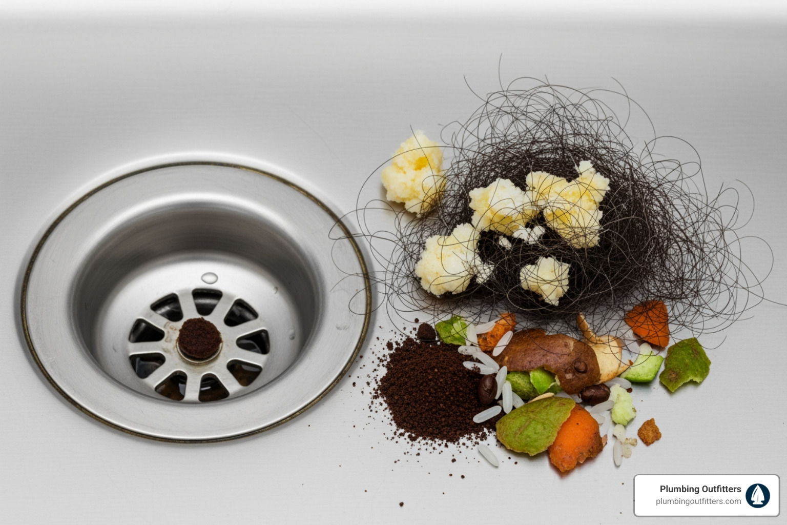 Common clog-causing items like hair, grease, and food scraps next to a drain - drain cleaning services in hutto, tx Kitchen sink drain with clogs from hair, food scraps, and coffee grounds, illustrating common household drainage issues related to plumbing maintenance in Hutto, TX.