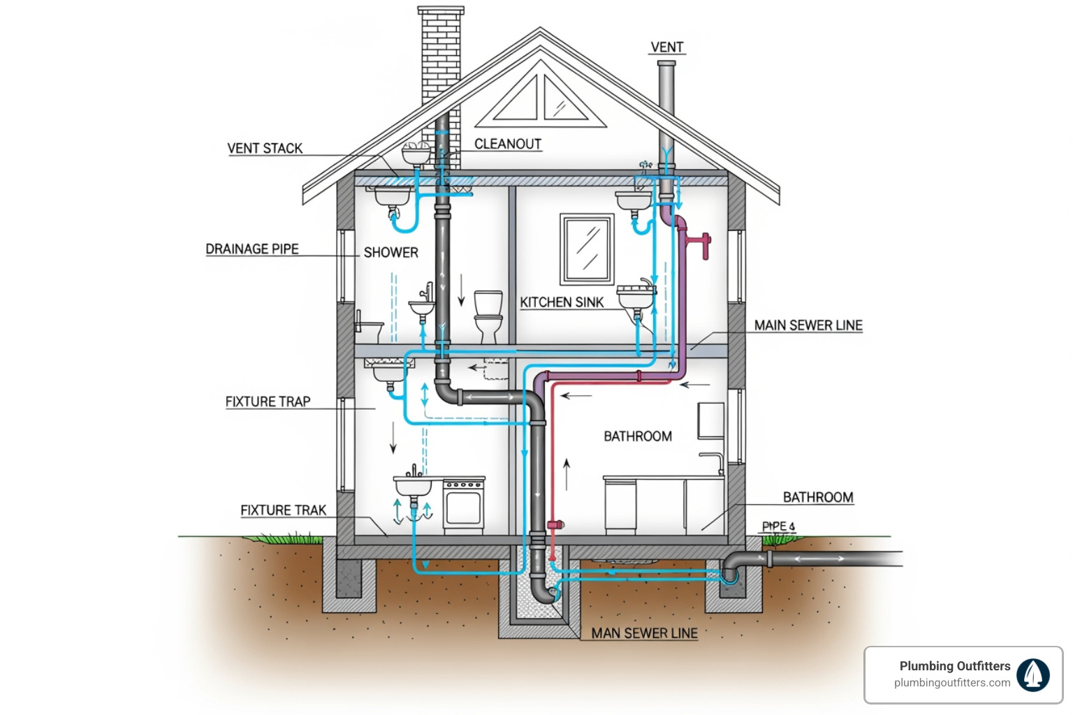 Infographic showing the flow of waste and water through a home's drain system, from kitchen and bathroom fixtures through drain pipes, to the main sewer line, and out to the municipal system, with callouts highlighting common problem areas like P-traps, vent stacks, and cleanout access points - drain cleaning services in hutto, tx Diagram of residential plumbing system, illustrating drainage pipes, vent stack, and fixture traps, relevant to plumbing maintenance and drain cleaning services in Hutto, TX.