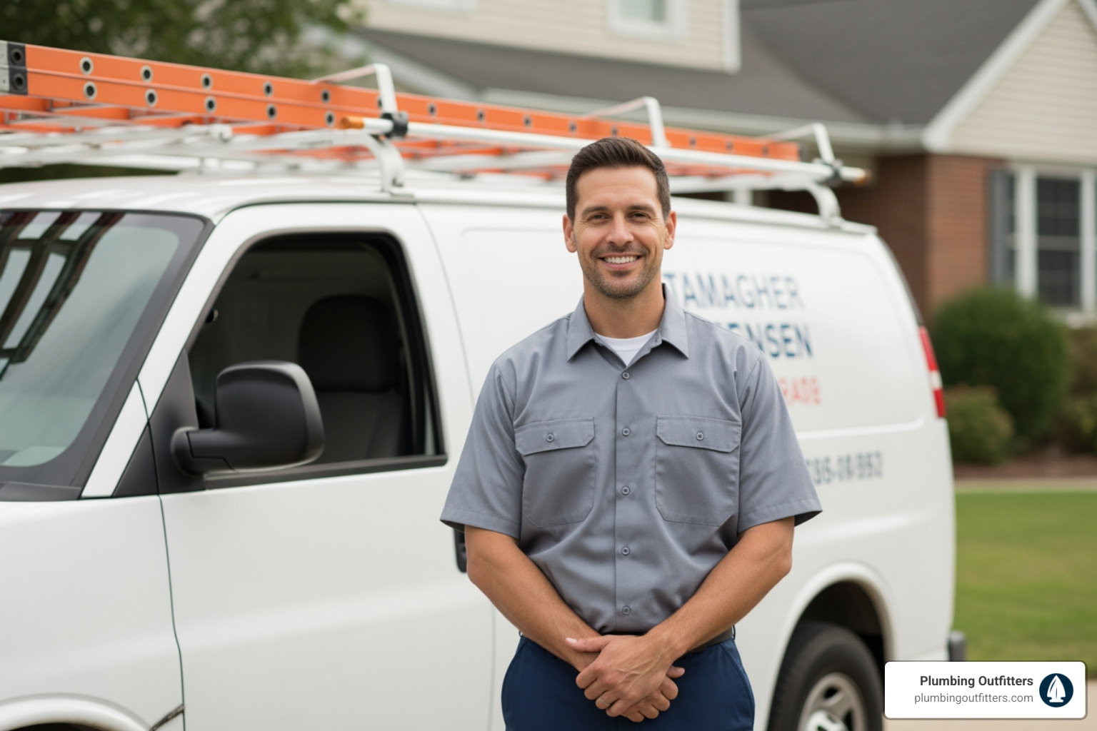 A friendly, professional plumber with a service van - drain cleaning services in hutto, tx Professional plumber in uniform standing in front of Plumbing Outfitters service van, showcasing local expertise in drain cleaning services in Hutto, TX.
