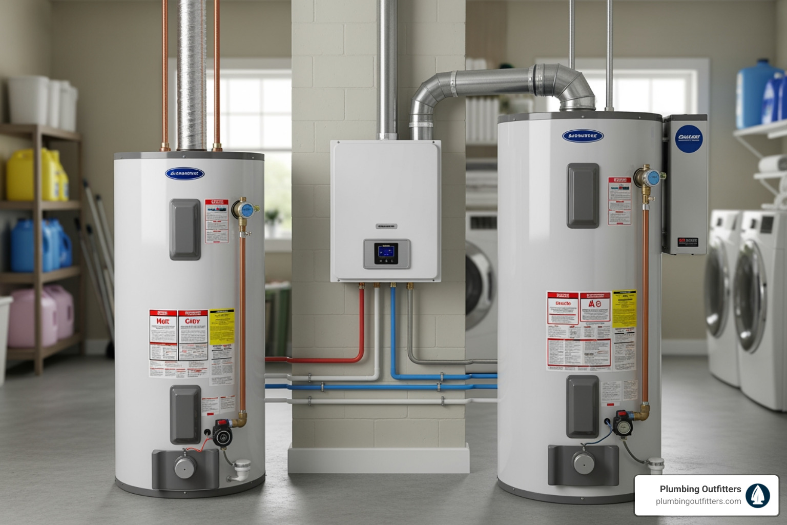 side-by-side images of a tank, tankless, and hybrid water heater - Water Heater Maintenance in Austin, TX side-by-side images of a tank, tankless, and hybrid water heater - Water Heater Maintenance in Austin, TX