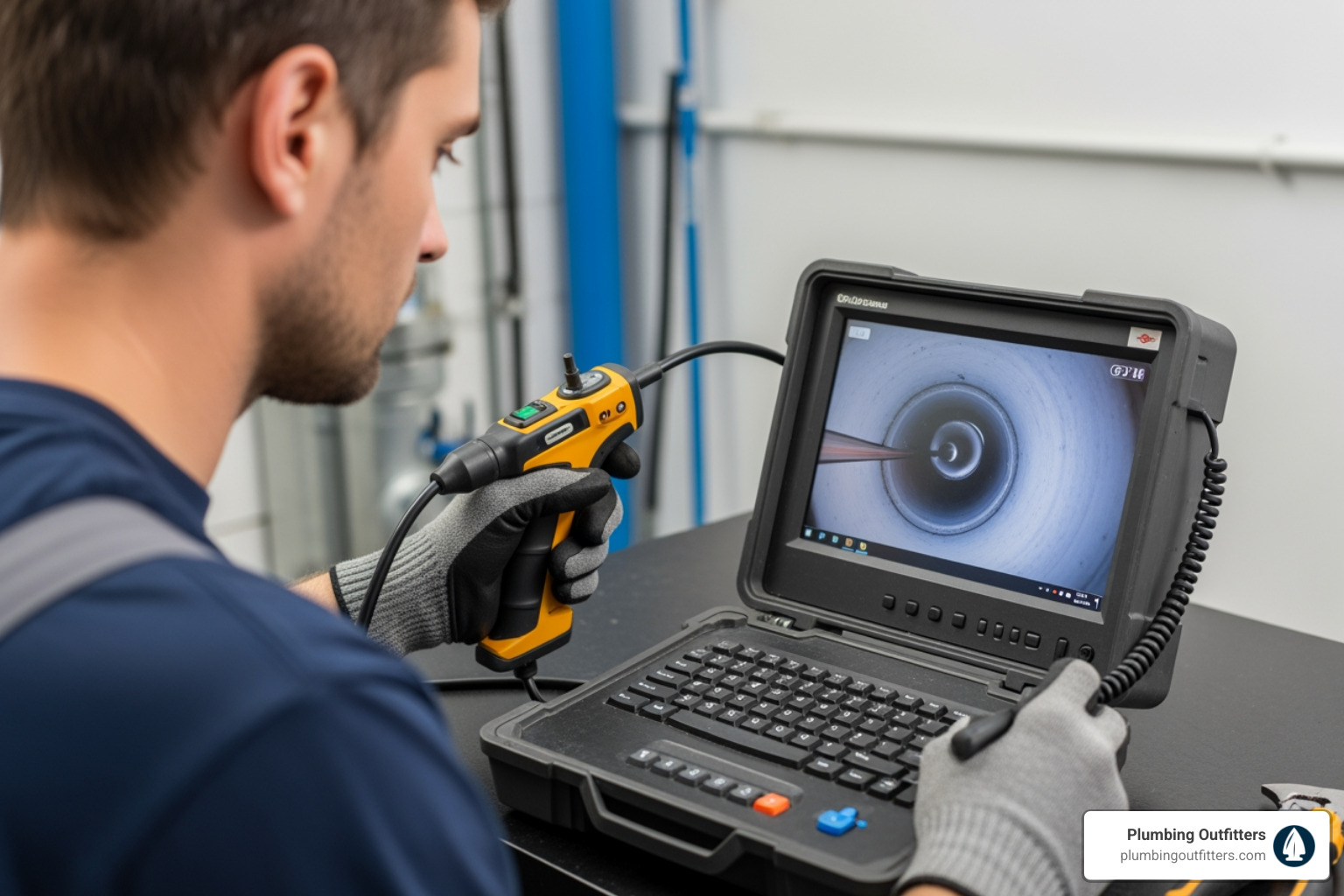 plumber using a video camera inspection tool on a monitor - emergency drain cleaning repair in elgin, tx plumber using a video camera inspection tool on a monitor - emergency drain cleaning repair in elgin, tx