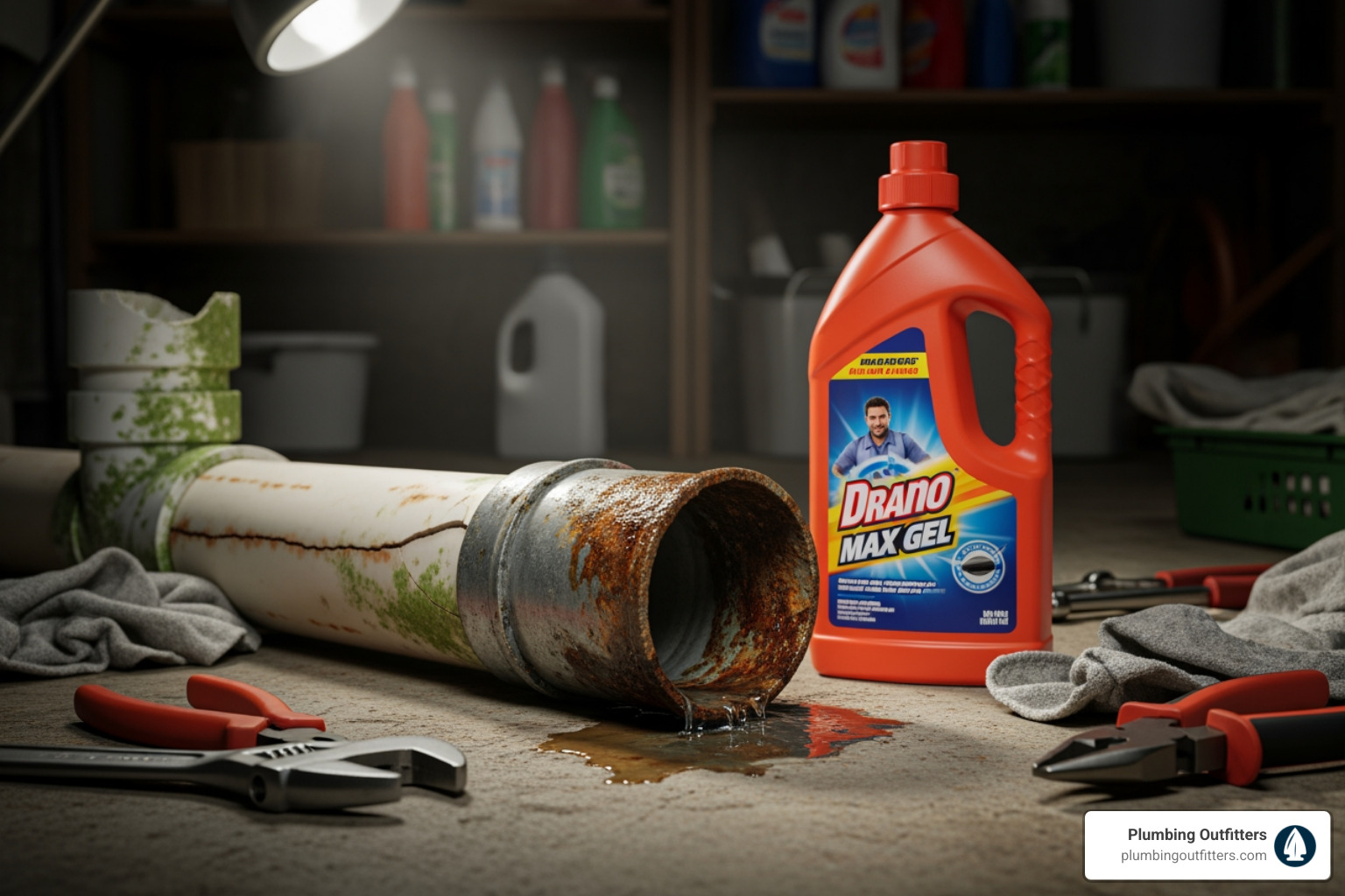 damaged pipe next to a bottle of chemical drain cleaner - drain cleaning services in pflugerville, tx damaged pipe next to a bottle of chemical drain cleaner - drain cleaning services in pflugerville, tx