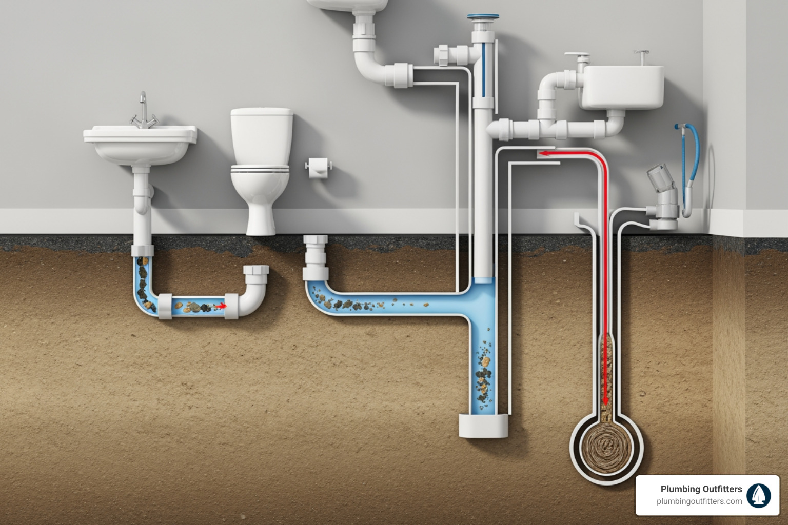 Infographic showing the complete drainage system path from home fixtures through drain pipes to the main sewer line, highlighting common clog locations like P-traps, branch lines, and main drain connections, with icons indicating warning signs of blockages at each point - drain cleaning services in granger, tx Infographic showing the complete drainage system path from home fixtures through drain pipes to the main sewer line, highlighting common clog locations like P-traps, branch lines, and main drain connections, with icons indicating warning signs of blockages at each point - drain cleaning services in granger, tx