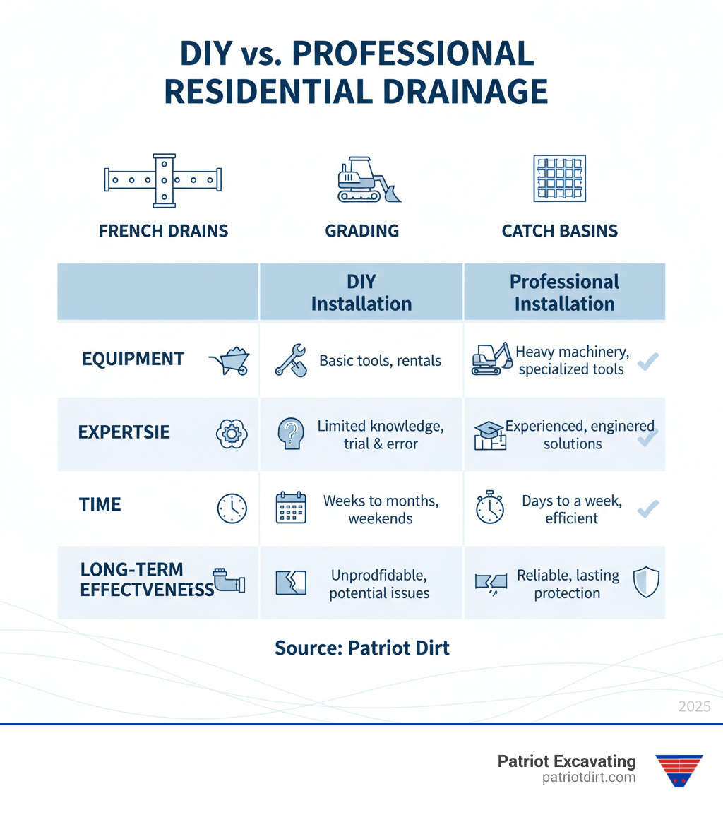 table comparing DIY vs. Professional installation for French drains, grading, and catch basins, highlighting factors like equipment, expertise, time, and long-term effectiveness - residential drainage solutions infographic table comparing DIY vs. Professional installation for French drains, grading, and catch basins, highlighting factors like equipment, expertise, time, and long-term effectiveness - residential drainage solutions infographic