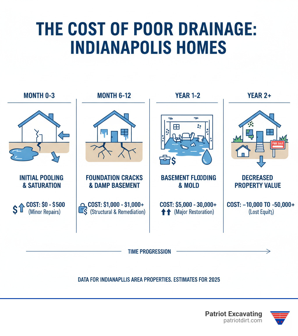 infographic showing the progression of water damage from initial pooling to foundation cracks, basement flooding, and decreased property value, with timeline indicators and cost implications specific to Indianapolis-area properties - residential drainage solutions infographic infographic showing the progression of water damage from initial pooling to foundation cracks, basement flooding, and decreased property value, with timeline indicators and cost implications specific to Indianapolis-area properties - residential drainage solutions infographic