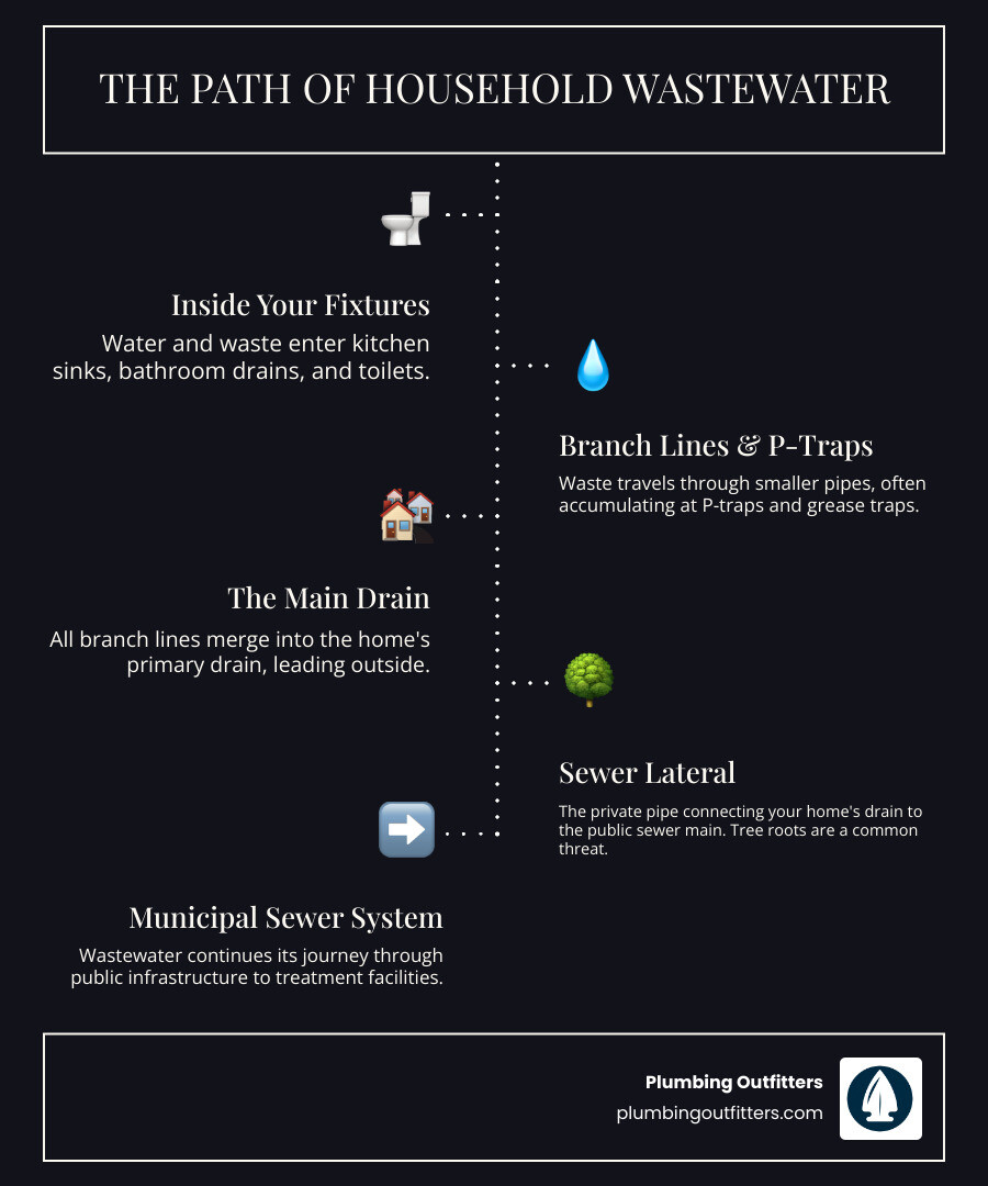 Infographic showing the path of household waste from kitchen sinks, bathroom drains, and toilets through branch lines into the main sewer line, then to the municipal sewer system, with common problem areas marked including grease traps, P-traps, and main line connections - best drain cleaning repair in manor, tx infographic infographic-line-5-steps-dark Path of household wastewater infographic illustrating water flow from fixtures to the municipal sewer system, highlighting common plumbing components like branch lines and P-traps, and emphasizing tree roots as a threat to sewer laterals.