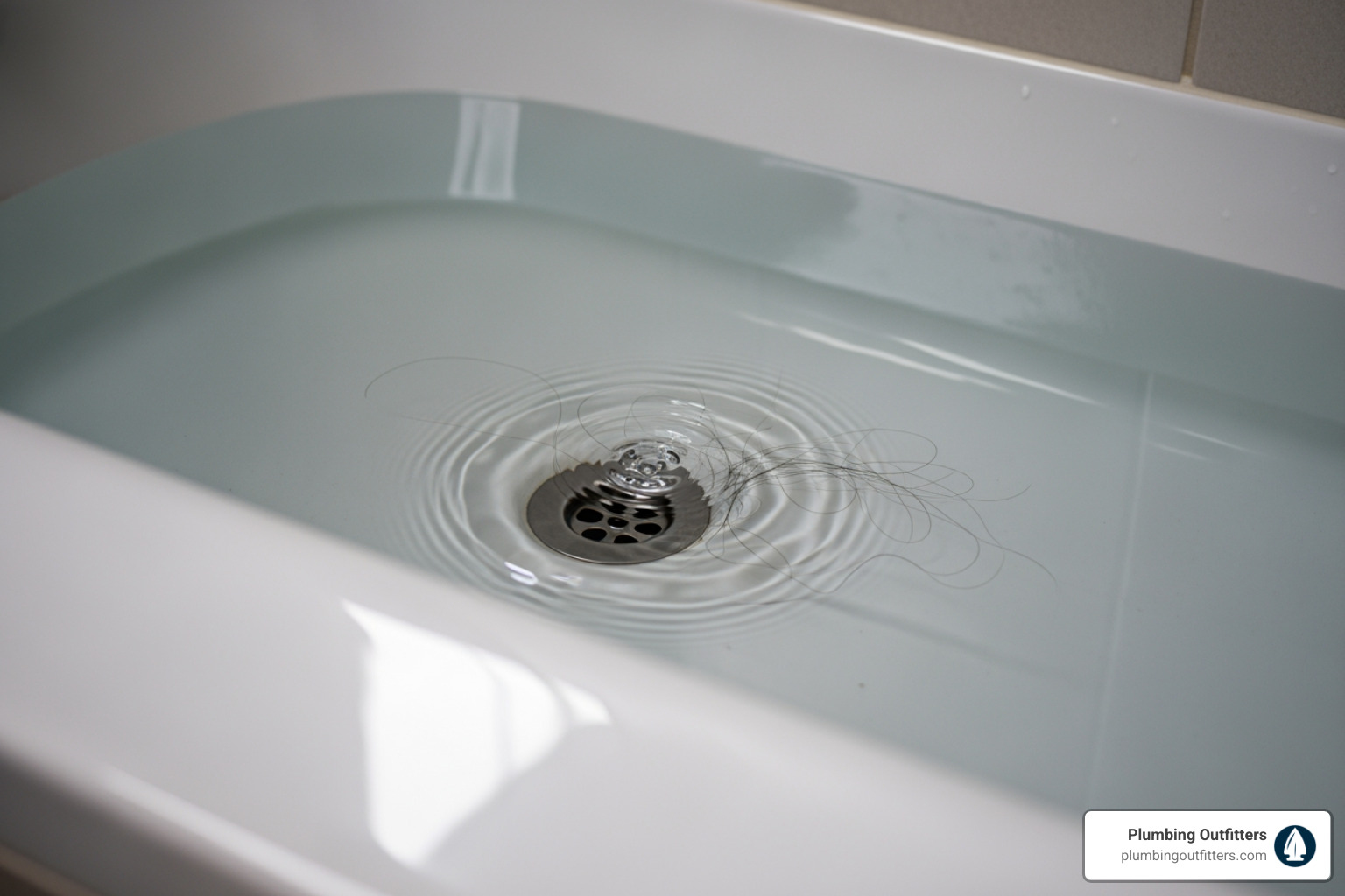 slow-draining bathtub - best drain cleaning repair in manor, tx Water in a bathtub with visible hair strands near the drain, indicating potential plumbing issues like slow drainage or clogs, relevant to drain cleaning services by Plumbing Outfitters.