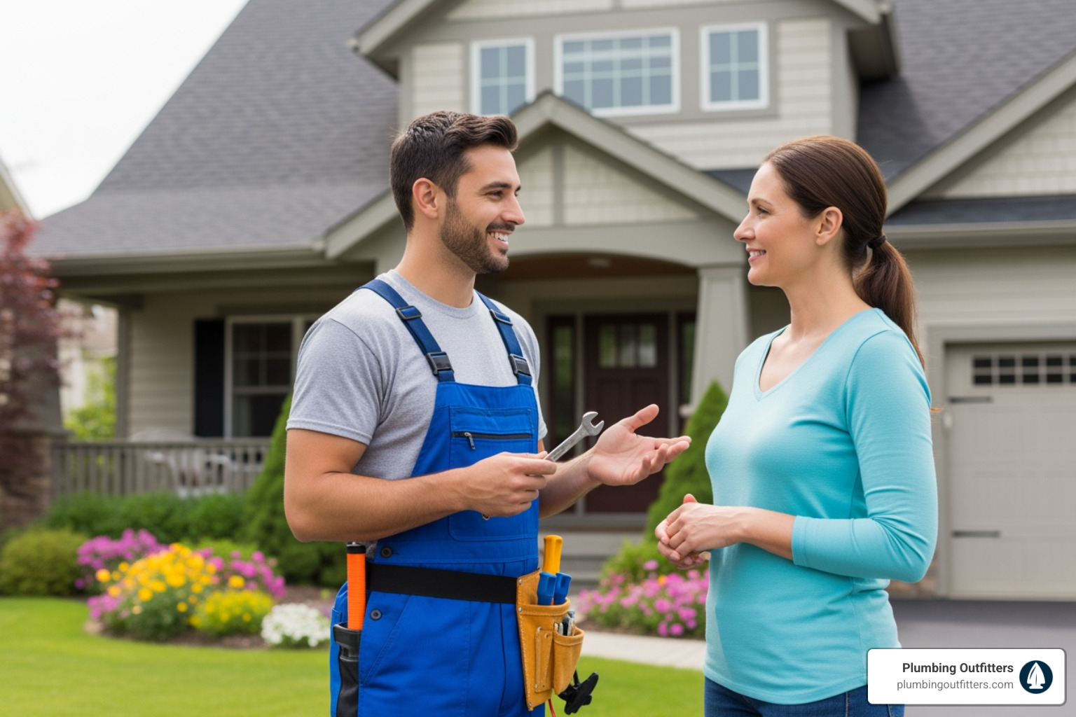 friendly plumber talking to a homeowner - best drain cleaning repair in manor, tx Plumbing professional discussing services with homeowner in front of house, featuring plumbing tools and vibrant garden, representing Plumbing Outfitters in Manor, TX.