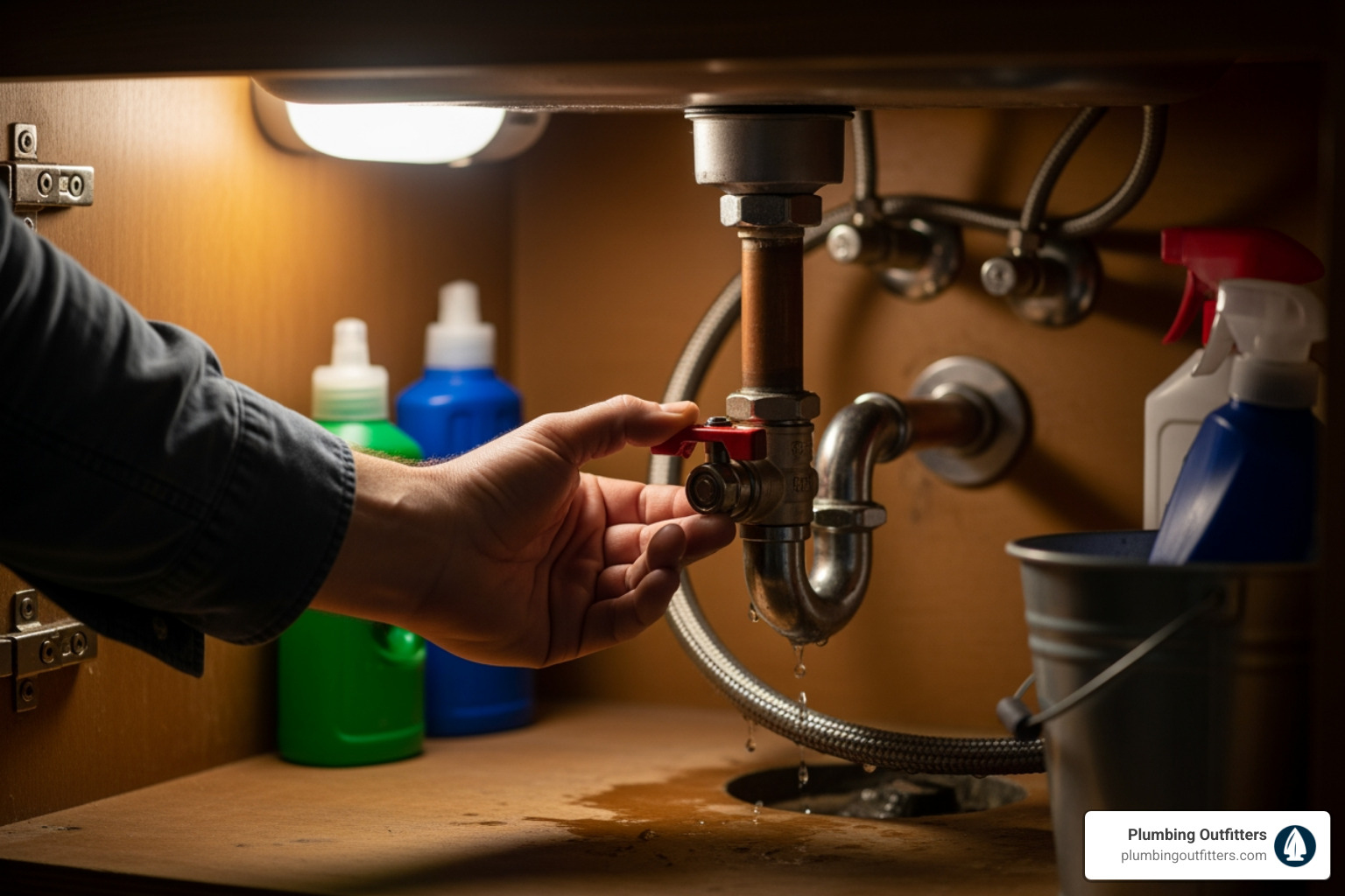 a person turning off the water shut-off valve under a sink - emergency clogged drain in temple, tx Hand adjusting a red valve under a sink, with water dripping from pipes, surrounded by cleaning supplies, illustrating emergency plumbing actions for clogged drains in Temple, TX.