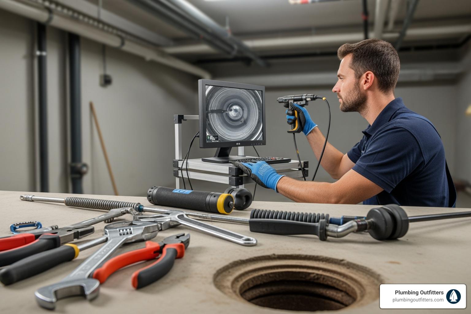 Technician using a sewer inspection camera to diagnose pipe issues - Plumbing Repair in Austin, TX Technician using a sewer inspection camera to diagnose pipe issues - Plumbing Repair in Austin, TX