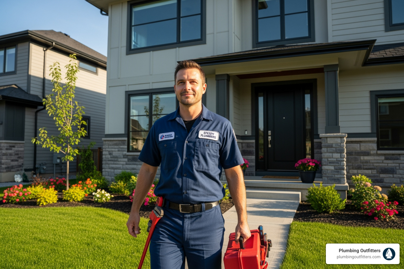 a plumber with tools arriving at a front door - emergency clogged drain in temple, tx Plumber in uniform carrying a red toolbox, standing in front of a modern home with landscaped garden, representing Plumbing Outfitters' emergency plumbing services in Temple, TX.