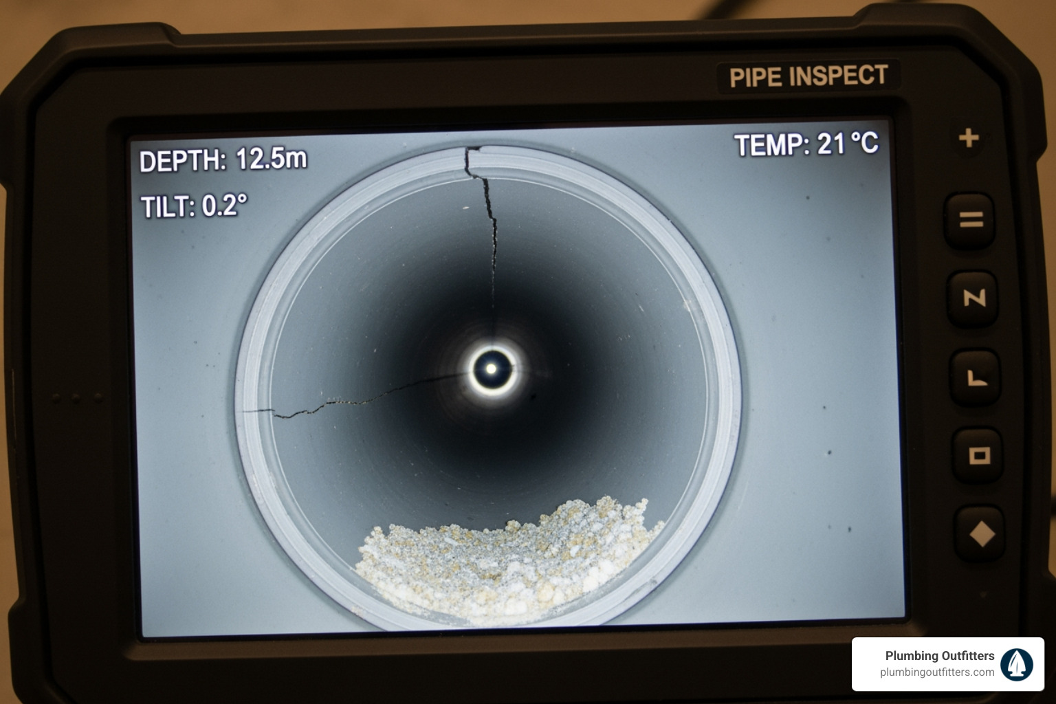 a video camera inspection screen showing the inside of a pipe - emergency clogged drain in temple, tx Video camera inspection of a pipe showing a crack and buildup, illustrating advanced diagnostic techniques for emergency clogged drain services in Temple, TX.