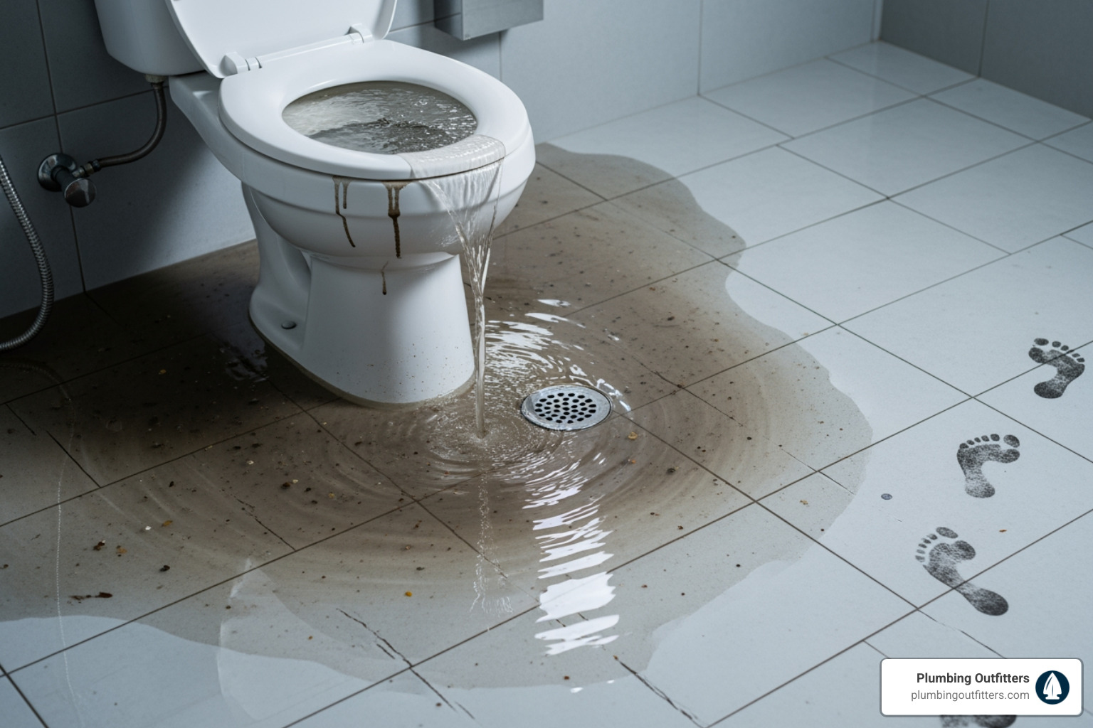 Infographic showing 5 critical warning signs of a severe drain clog: multiple fixtures backing up simultaneously, sewage odor inside the home, water pooling around floor drains, bubbling toilets when running water elsewhere, and visible sewage backup in lowest drains - emergency clogged drain in temple, tx Toilet overflowing with wastewater creating a pool on tiled floor, highlighting plumbing emergency in Temple, TX, with visible footprints and Plumbing Outfitters branding.